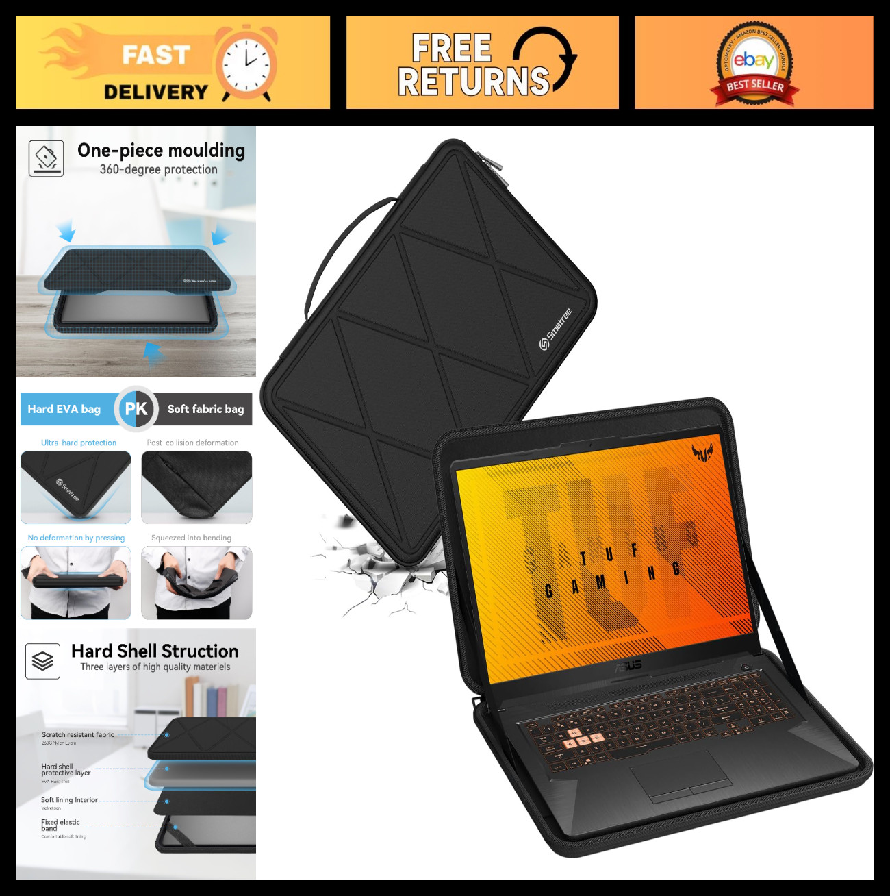 EVA Hard Protective Sleeve for 18" Laptop, Fits 17.3" Chromebook & TUF Gaming