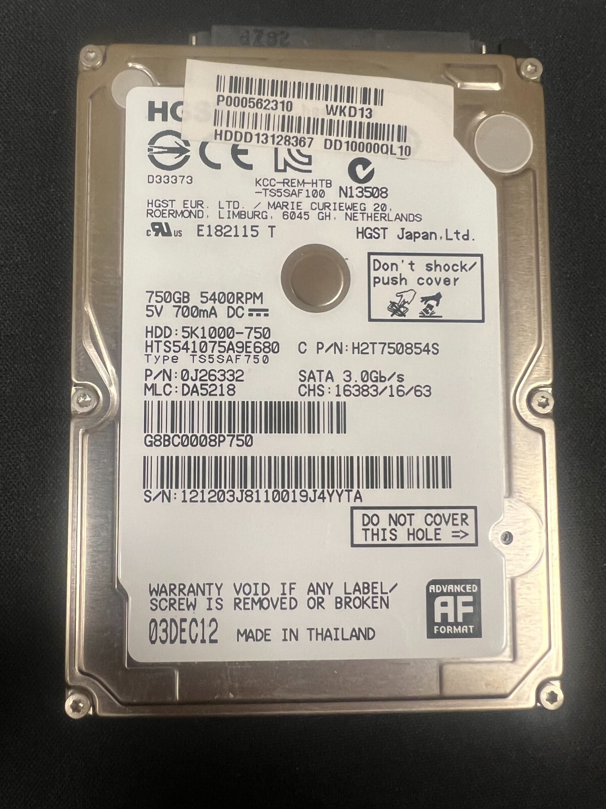 HGST 750Gb 2.5" LAPTOP HDD 5K1000-750 HTS541075A9E680 DA5218 0J26212 5400RPM
