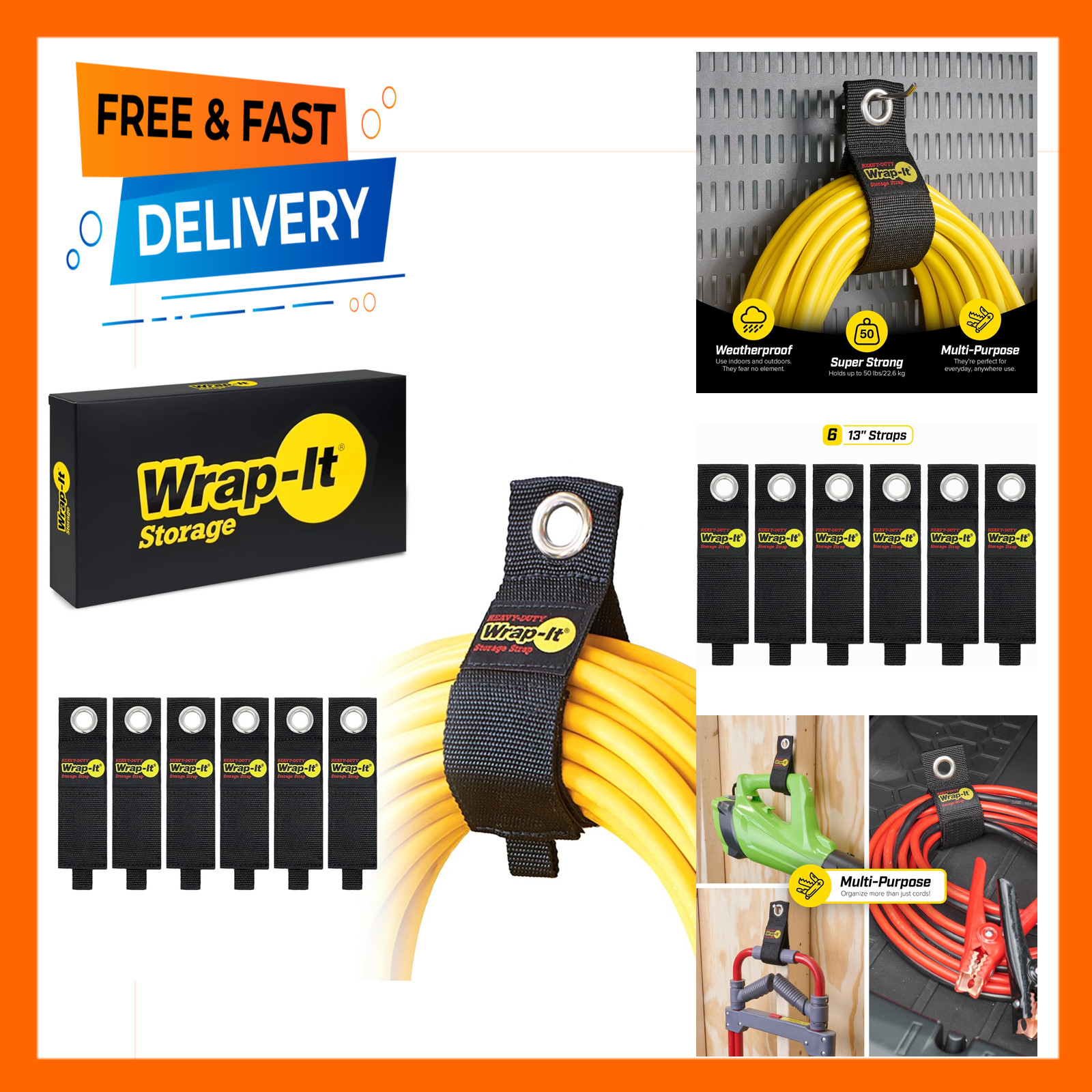Heavy-Duty Cable Straps 13 Inch Pack Hook Loop Cord Organizer Hanger Rope Garage
