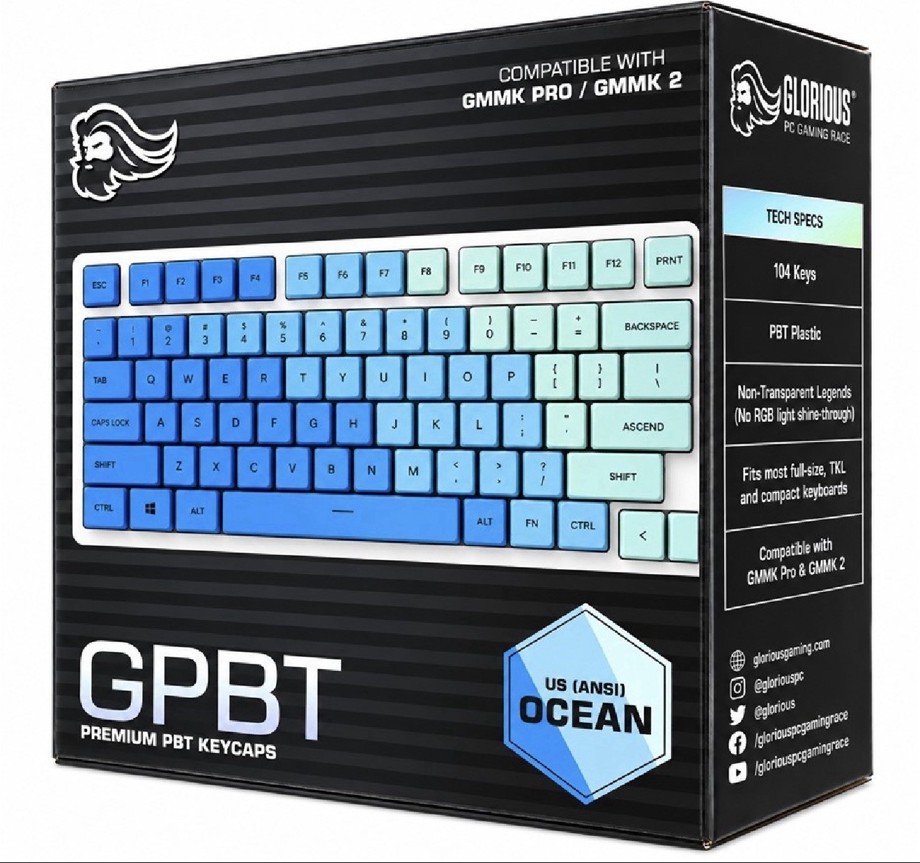 Glorious GPBT Premium Dye Sublimated Keycaps 114 Keycap Set Ocean Blue .