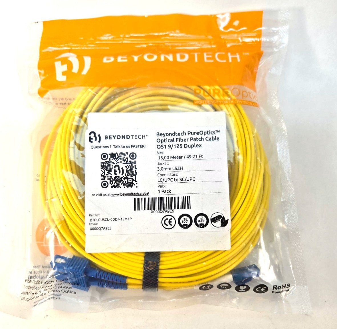 BeyondTech PureOptics 3.0mm Fiber Patch Cable OS1 9/125 15m 49ft BTPLCUSCU-0DDF