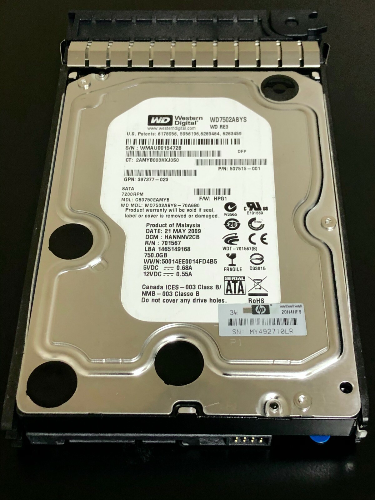 458930-B21 459320-001 HP 750GB 3G SATA 7.2K 3.5" MDL HARD DRIVE WD7502ABYS