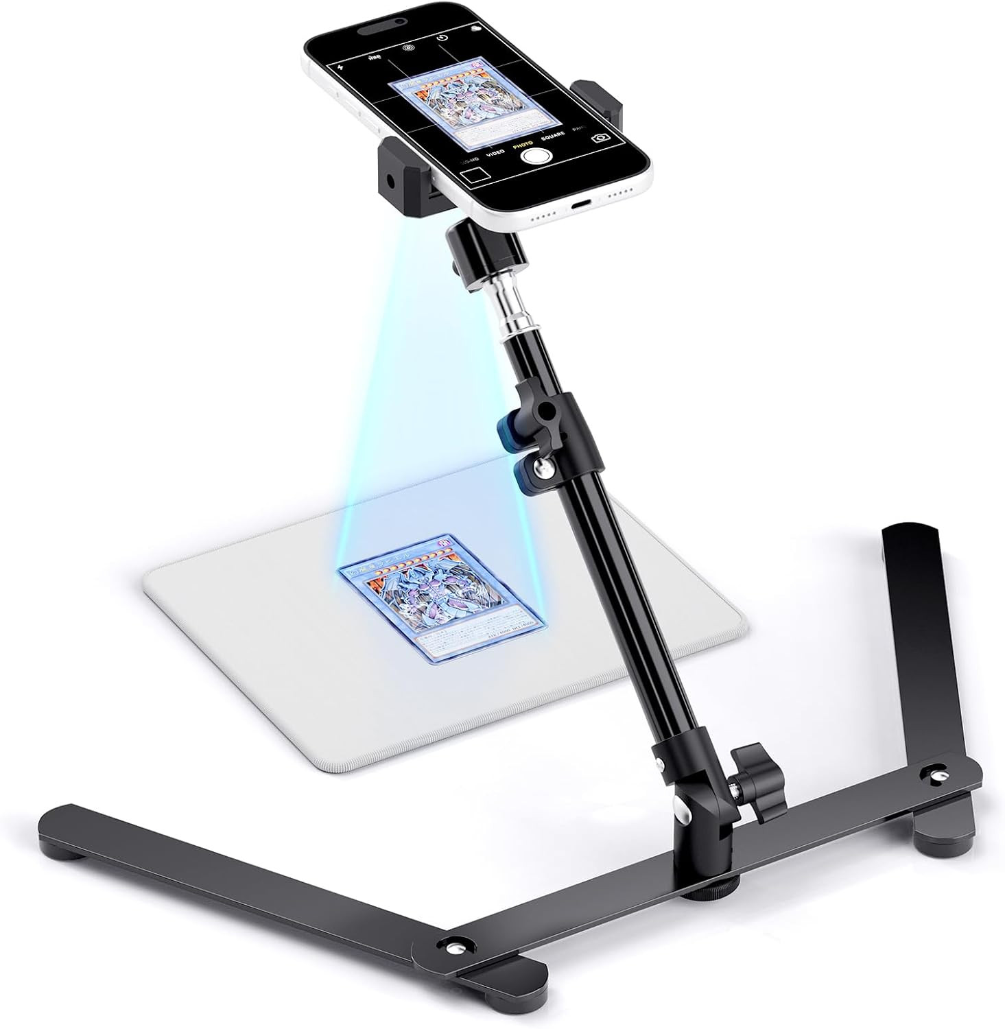 Adjustable Trading Card Scanner Stand with Iron Base & Non-Slip Phone Clamp