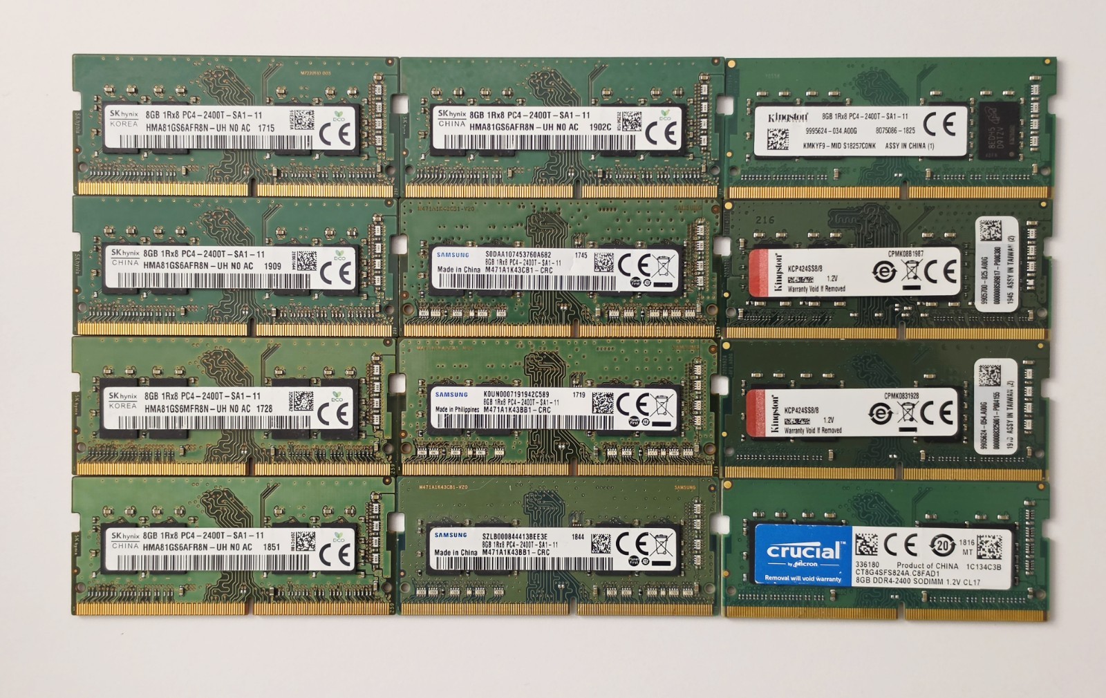 (Lot of 12)SODIMM 8G DDR4-2400, SK Hynix(5), Samsung(3),Kingston (3), Crucial(1)
