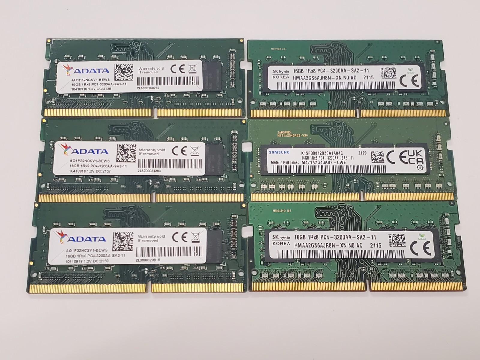 Lot of 6 Mixed Brand 16GB 3200AA DDR4-3200 PC4-25600 SODIMM Laptop Memory RAM