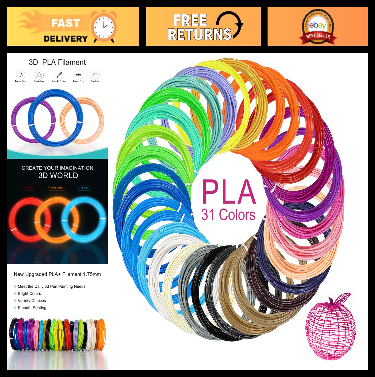 31 Colors 3D Pen Filament Refills - 1.75mm PLA, 16ft Each, Compatible with Most