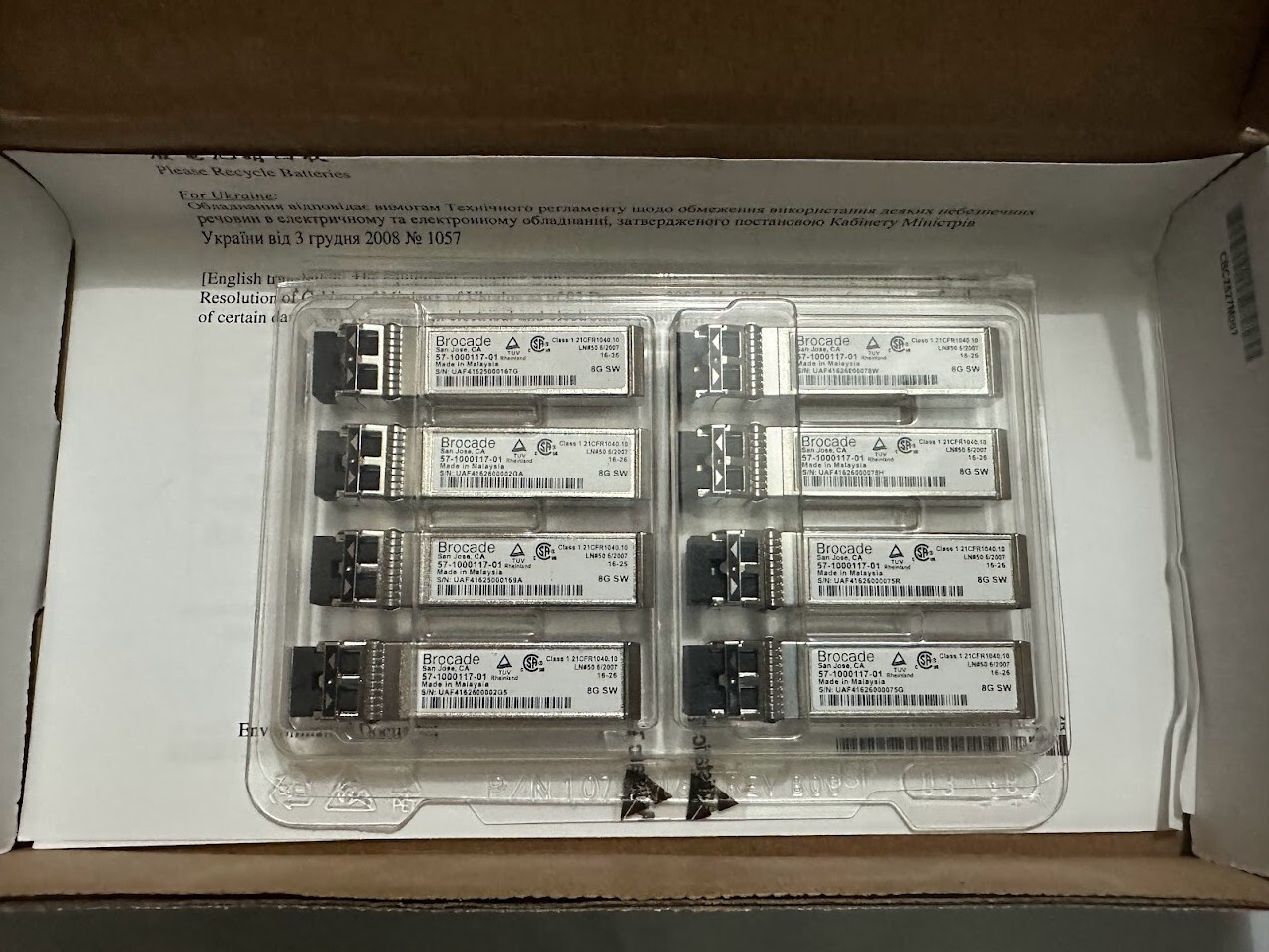 8 x Brocade 57-1000117-01 - 8GB FC 850nm SW SFP+ Fibre Optic Transceiver 0X3T03
