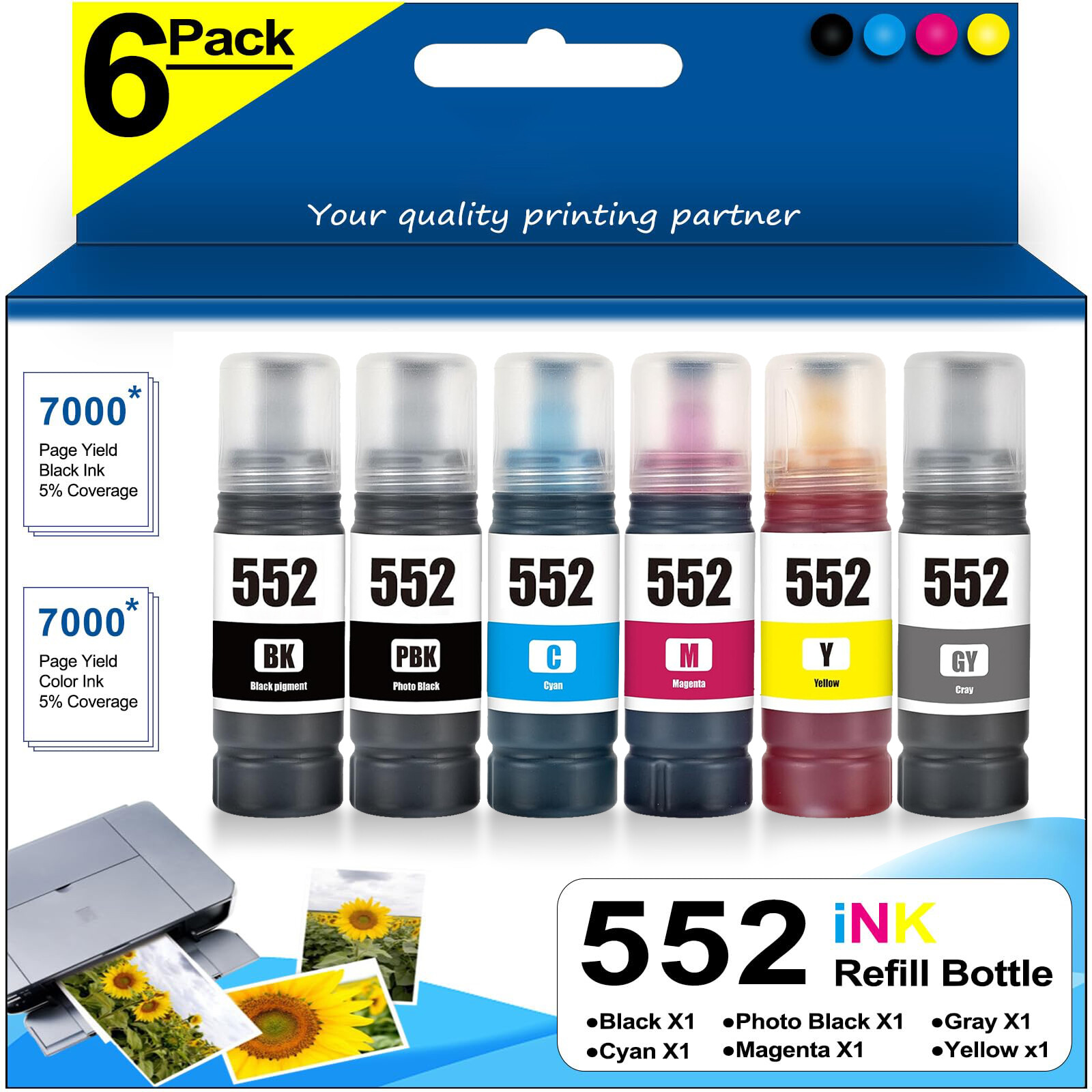 ET-8550/ET-8500 Ink Refill T552 552XL 6-Pack with BK/PB/M/C/Y/GY