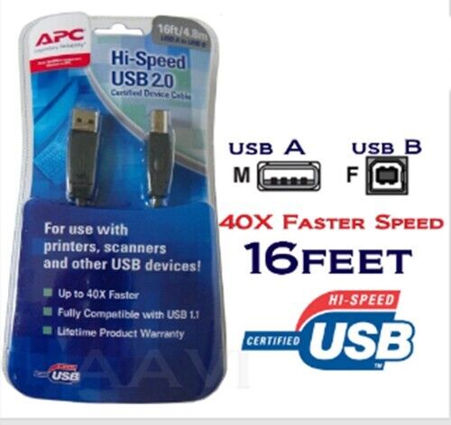 APC USB 2.0 A to B Best Hi High Speed Cable For Printer Scanner PC MAC 16FT Long