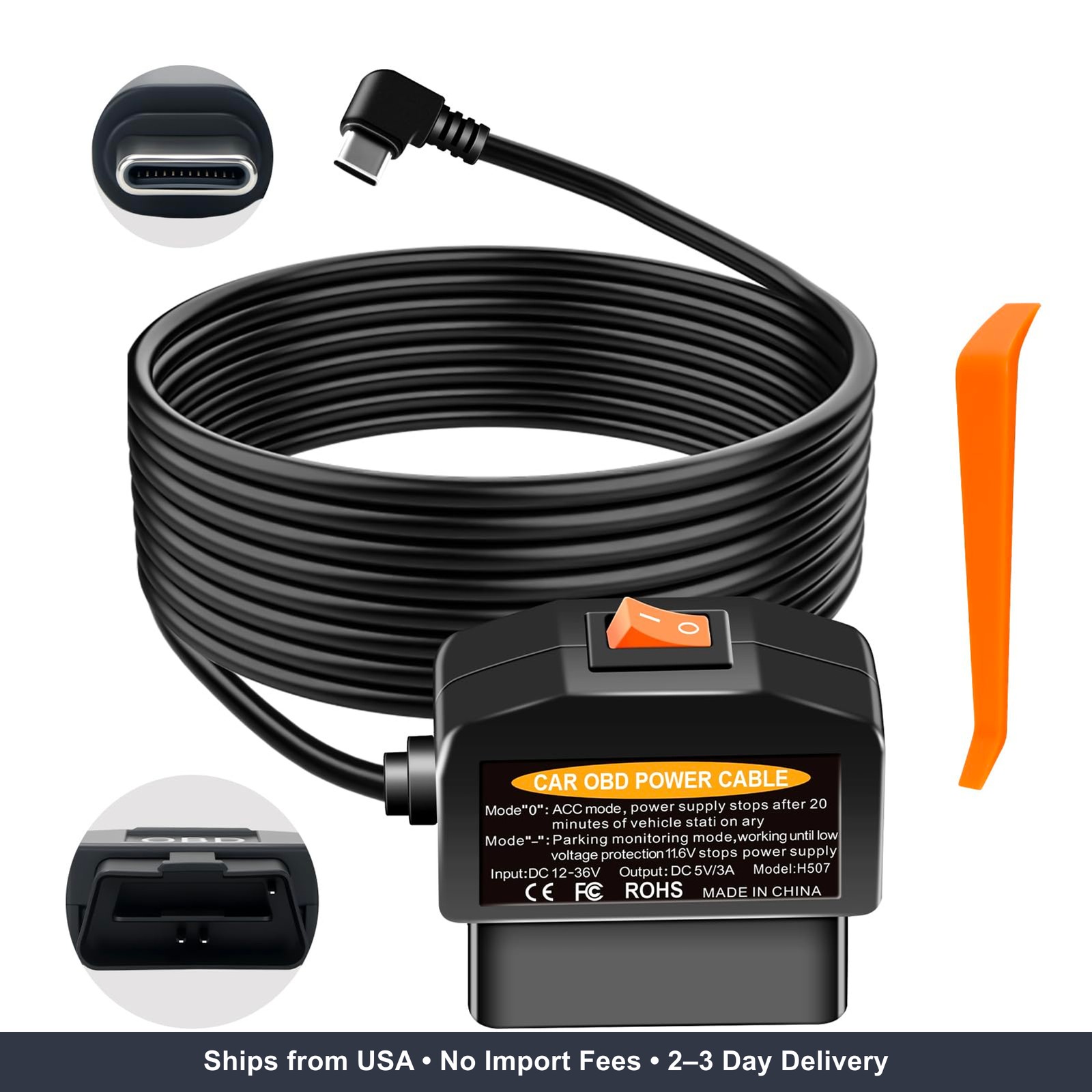 OBD2 to USB C Power Adapter for Dash Cam, Hardwire Kit with Parking Mode, Low Vo