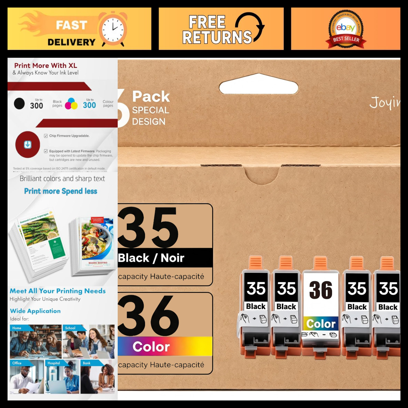 6-Pack Ink Cartridges Replacement for Canon PGI-35 CLI-36, High Yield, Compatibl
