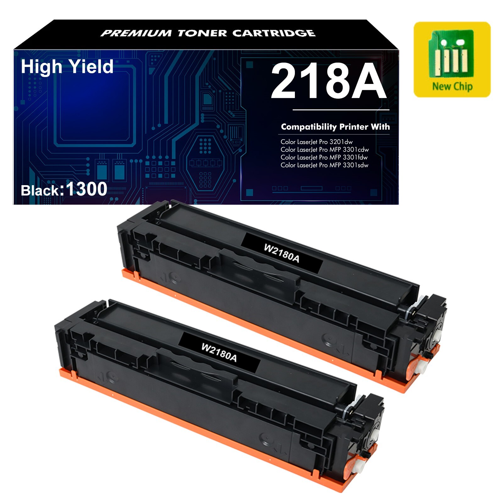 2 Pack 218A W2180A Black Toner Cartridges High Yield w/ Chip For HP 3201dw 218X
