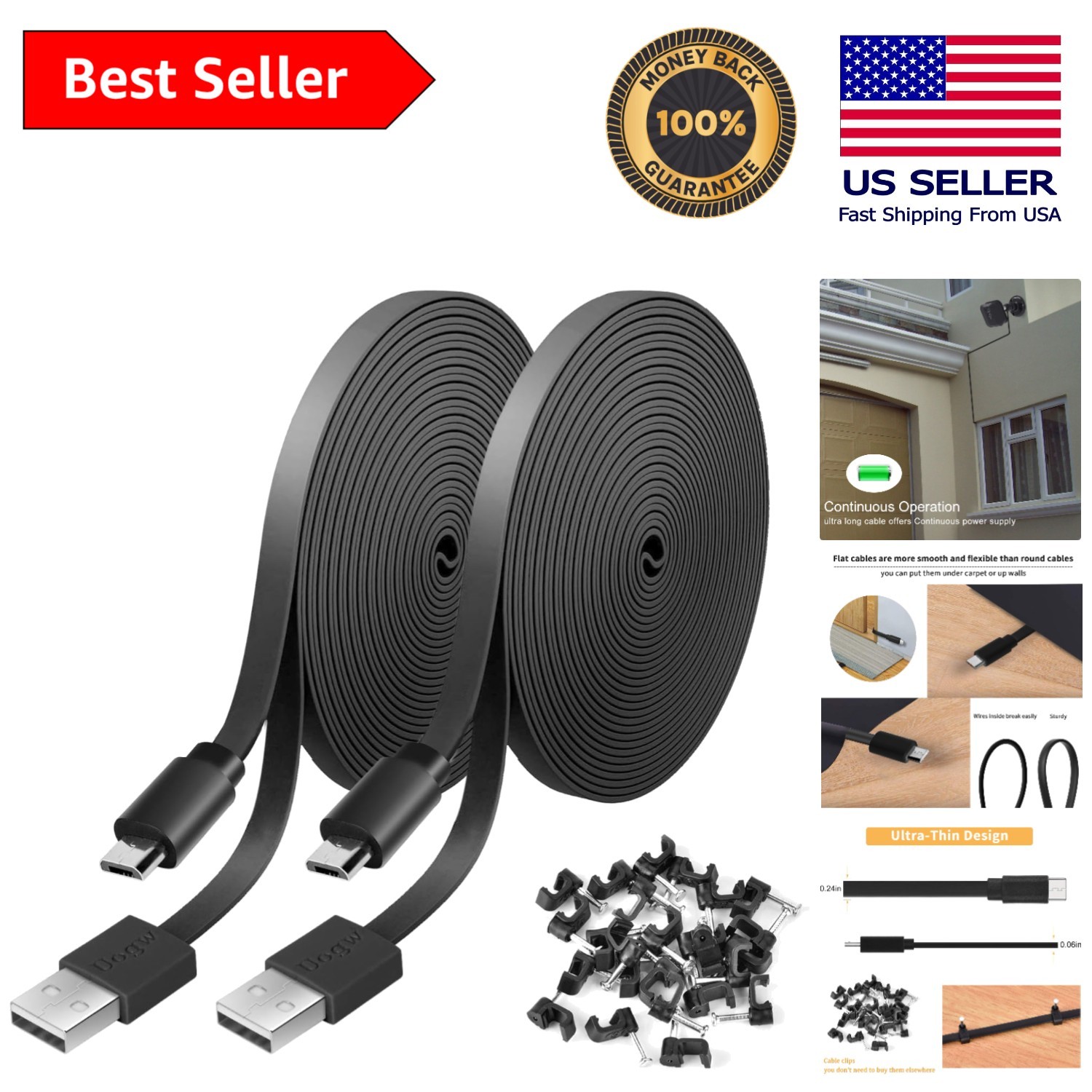 WyzeCam Compatible 10FT USB Power Extension Cable - Includes Clips (2 Pack)