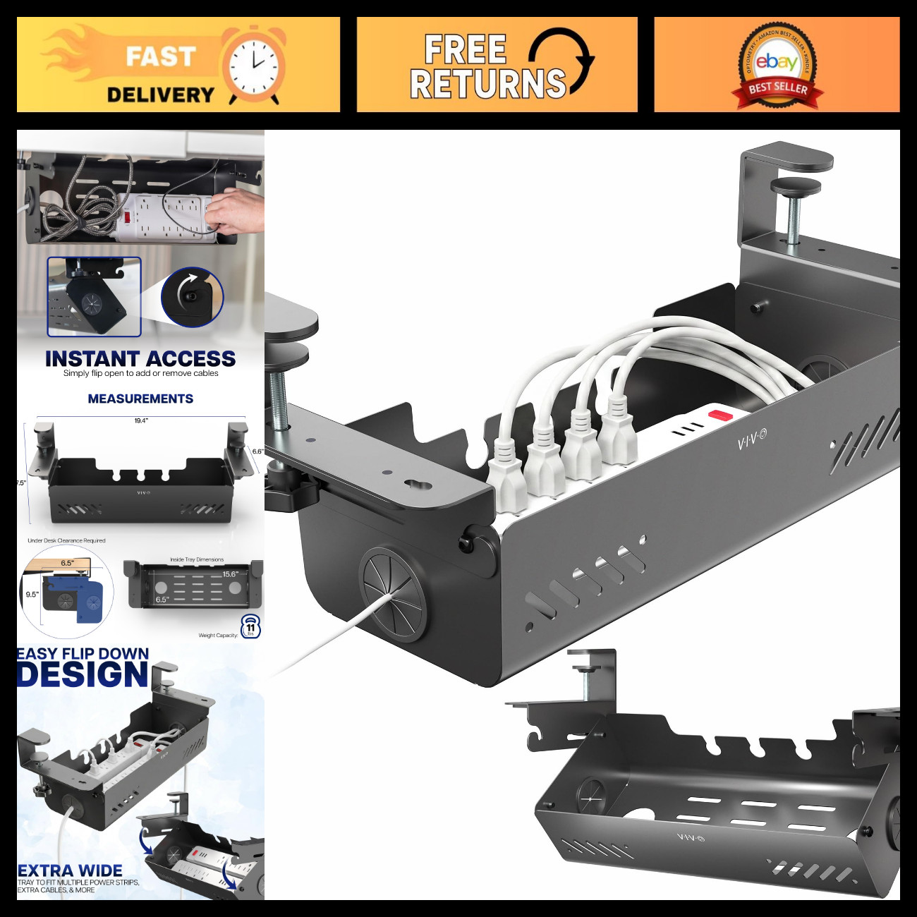Clamp-On Flip-Open 19" Cable Management Box for Desk, Black Organizer Solution