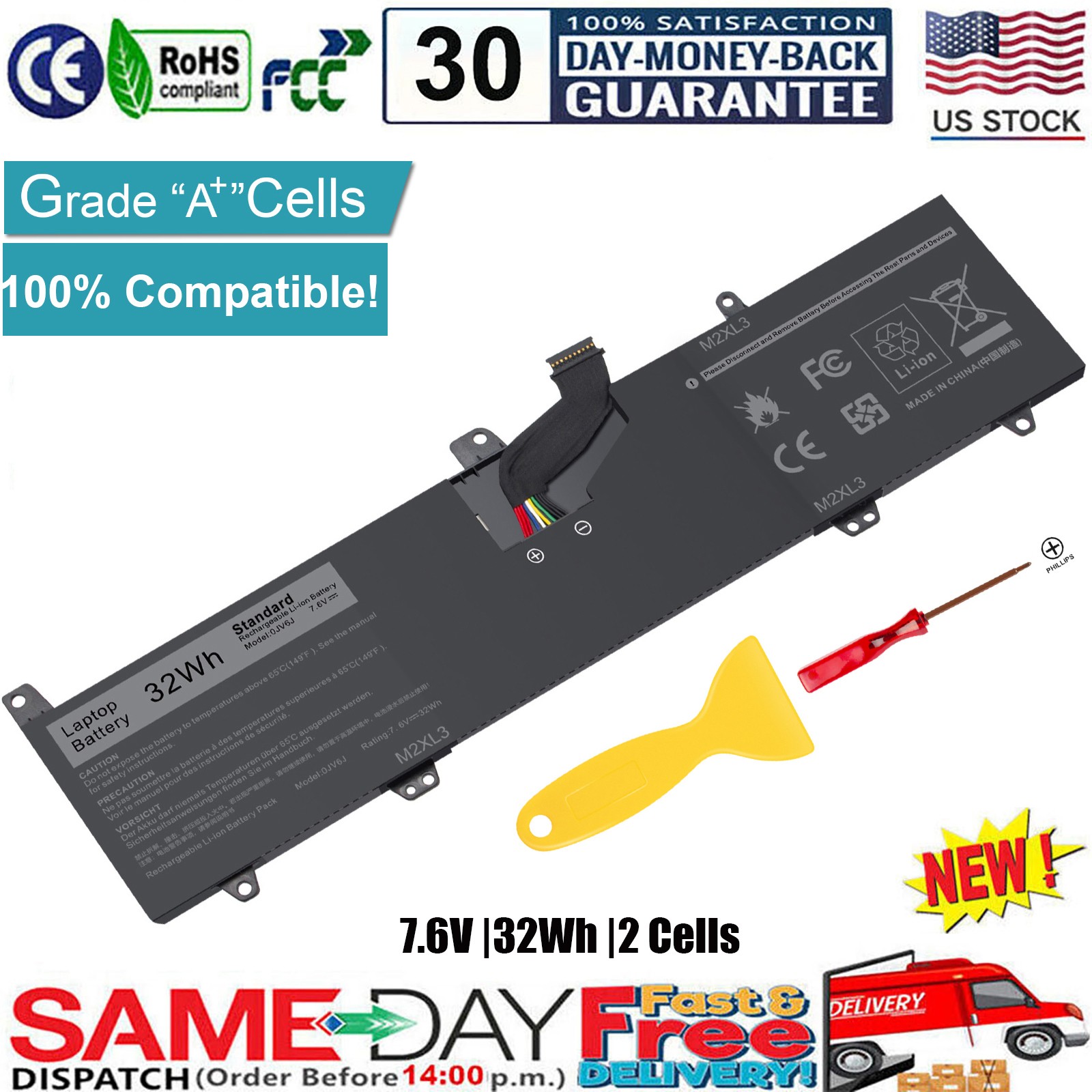 OJV6J Battery for Dell Inspiron 11 3162 3168 2-Cell 7.6V 32Wh 0JV6J PGYK5 8NWF3