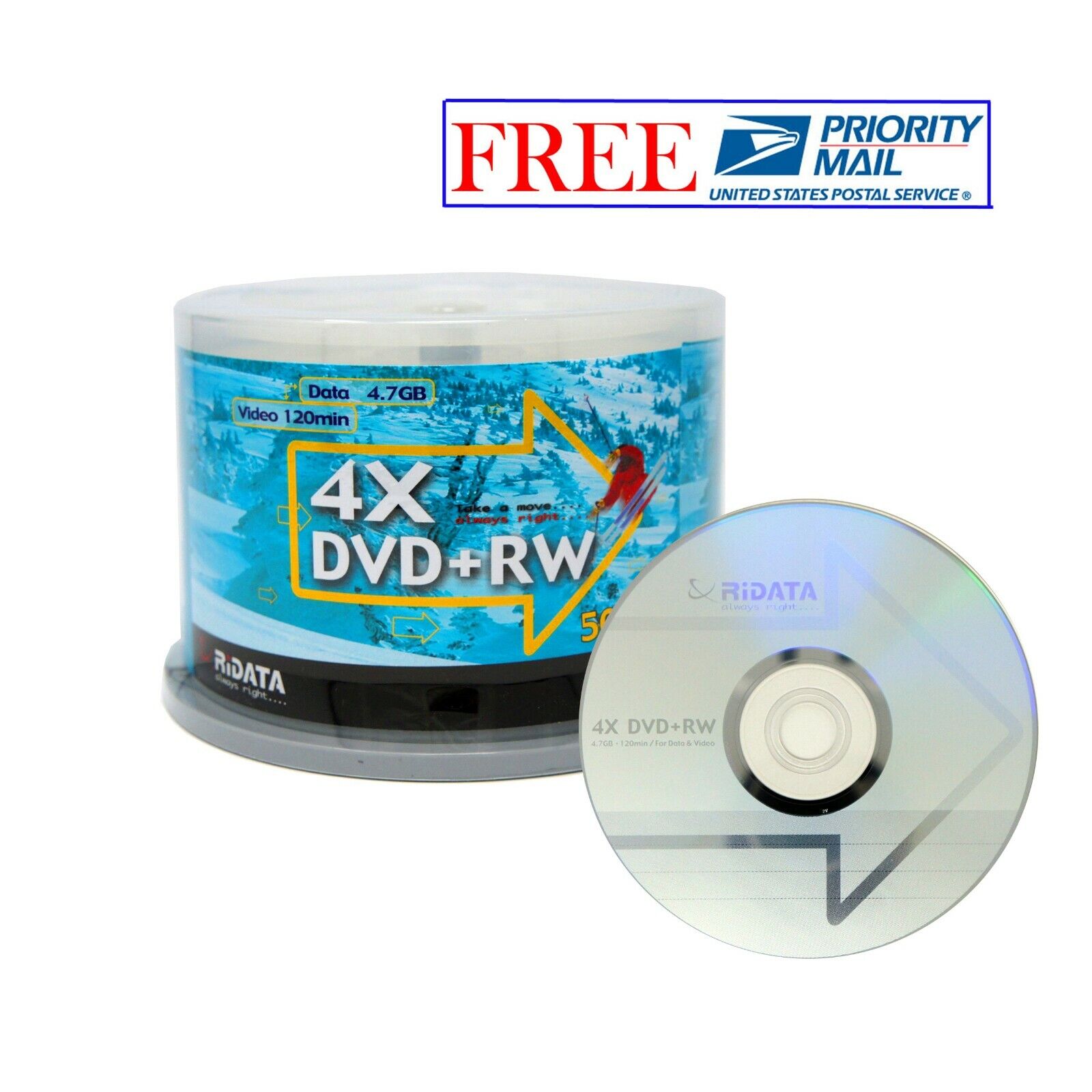 50 Pack Ridata DVD+RW 4x 4.7GB Silver Logo Rewritable DVD Plus RW Blank Disc