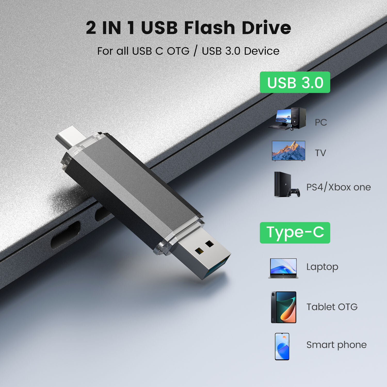 256/128/64/32G Type C USB3.0 Flash Drive 2 in 1 OTG Memory Stick Thumb Drive Lot
