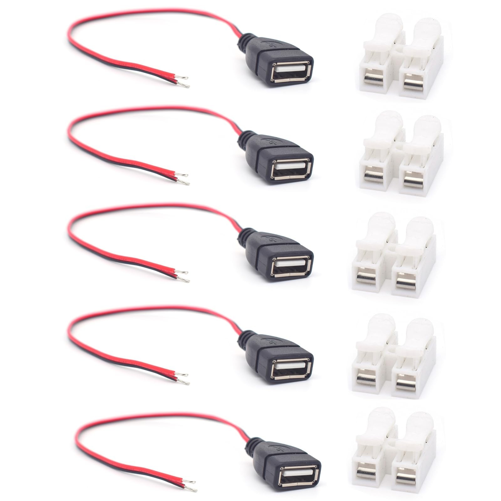 20AWG 5PCS USB Female Pigtail 2 Wire 5V 5A Cable,0.3M/1FT Upgrade Red & Black...
