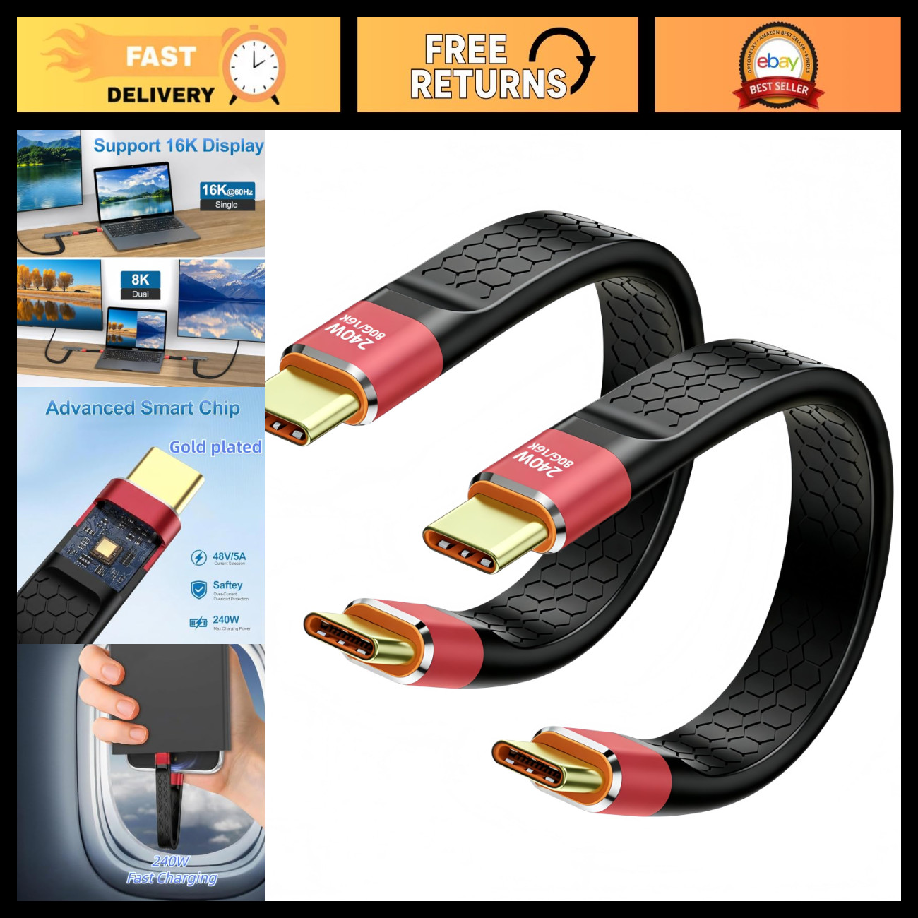 2Pack USB 4.0 Cables 5inch - 80Gbps, 8K, 240W, Thunderbolt Compatible, Short USB