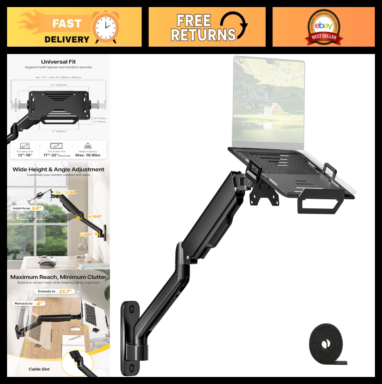 2-in-1 Full Motion Laptop & Monitor Wall Mount, Adjustable Tray, Fits 18" Notebo
