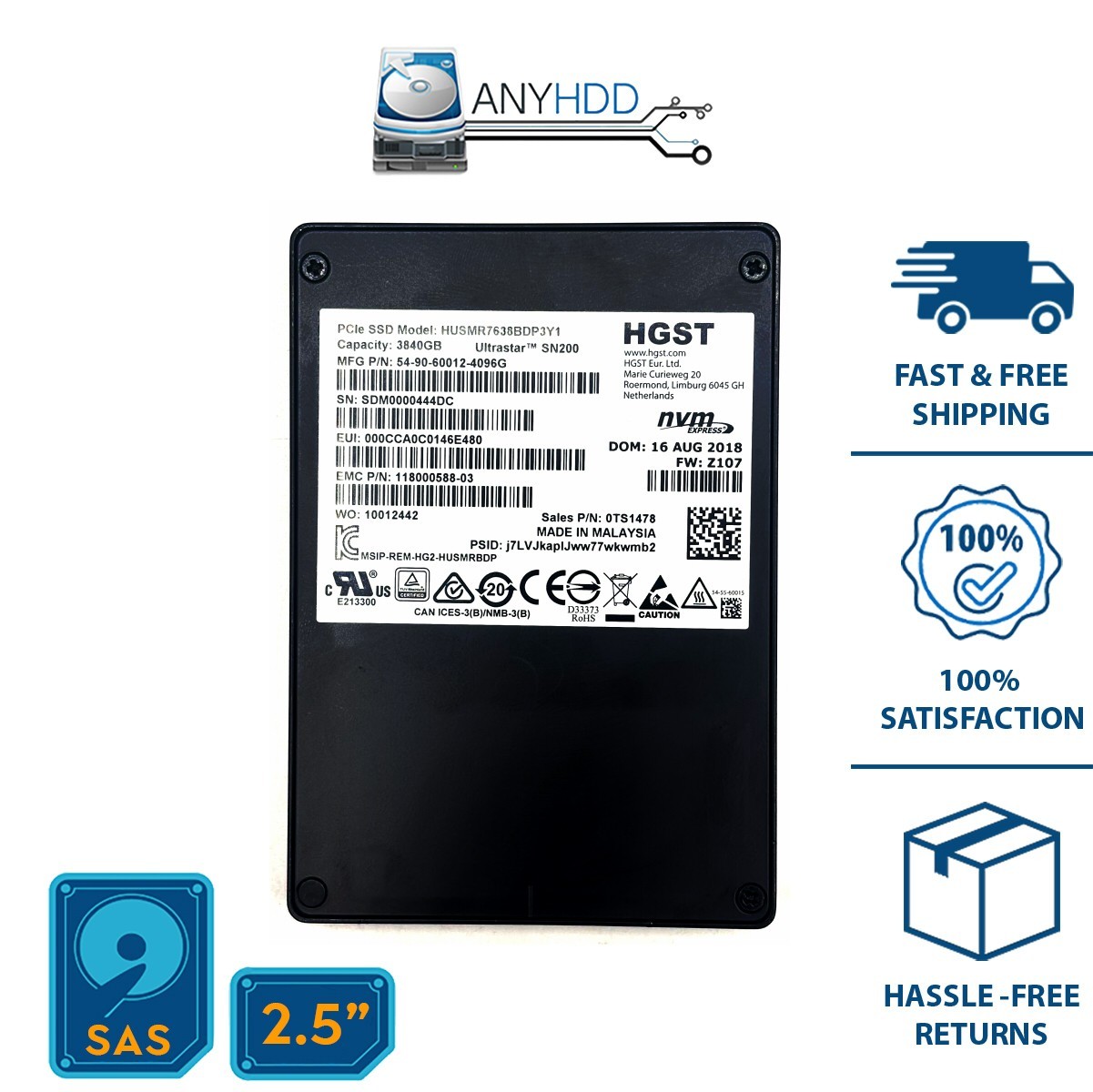 HGST 3.84TB PCIe NVMe SSD - HUSMR7638BDP3Y1 - 2.5" U.2 Ultrastar SN200