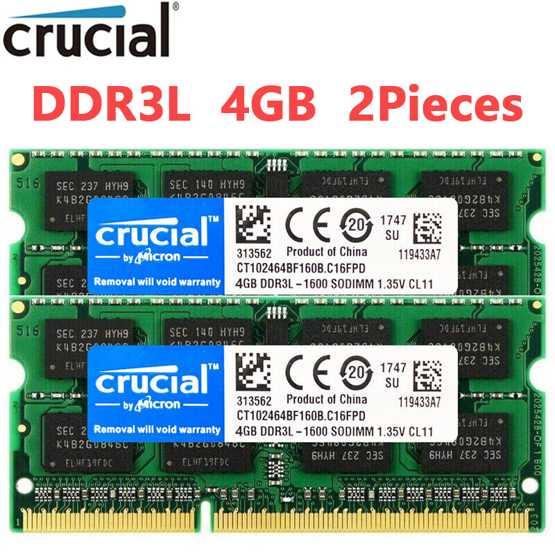 Crucial 8GB Kit 2 x 4GB DDR3L 1600MHz PC3L-12800 Laptop RAM Sodimm Memory 1.35V
