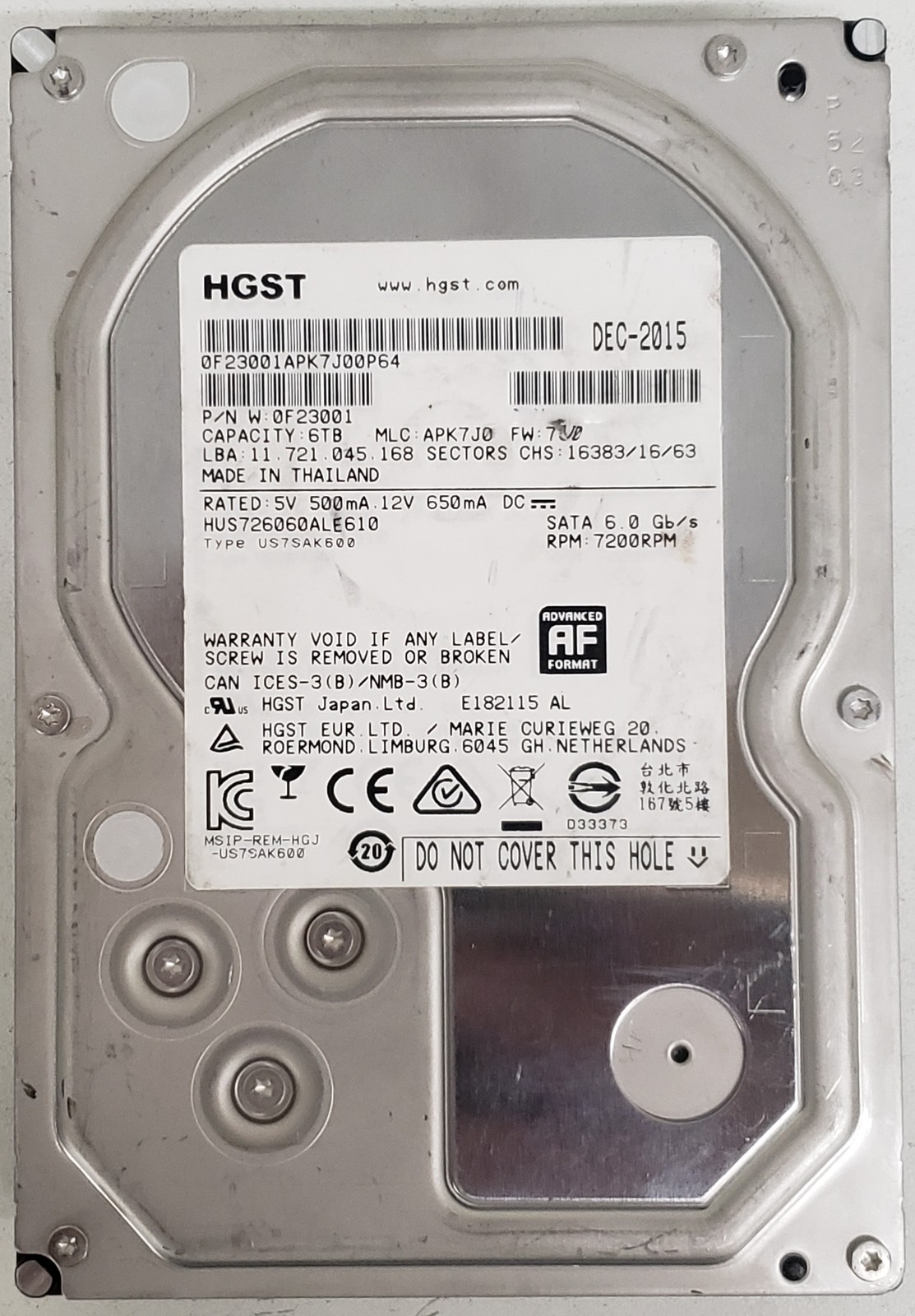 HGST HUS726060ALE610 6TB 3.5" SATA 6Gb/s 7200RPM HDD P/N: 0F23001