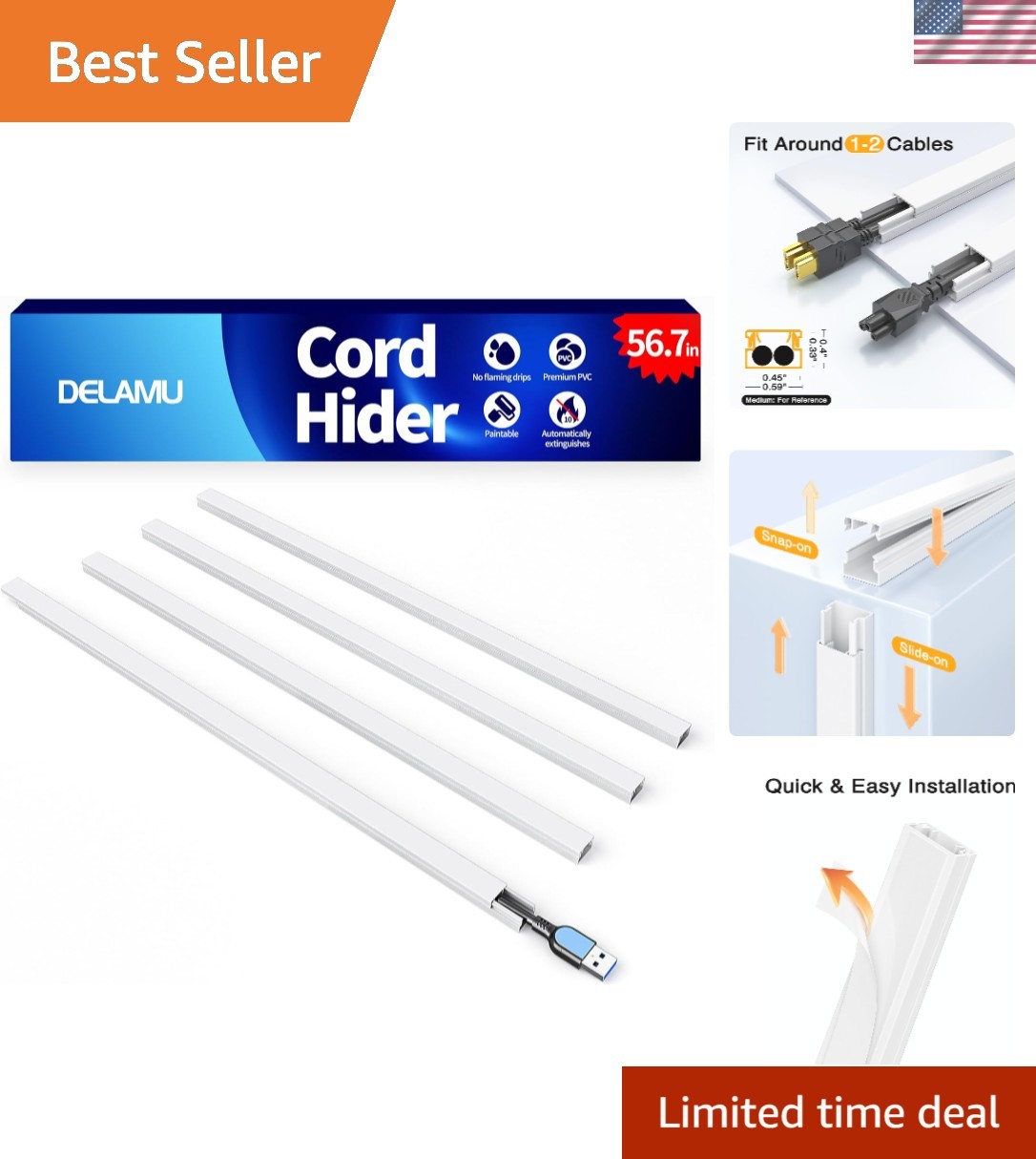 56.7in Cord Hider, Cord Covers for Mini Wire on Wall, Paintable Cable Hider W...