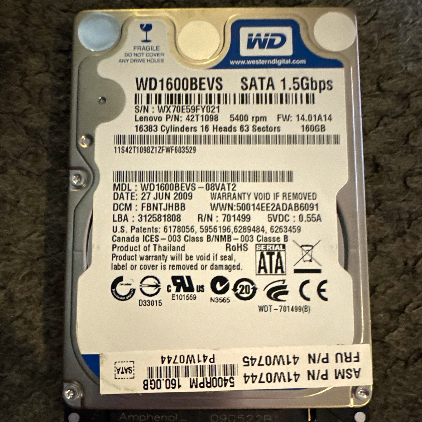 Western Digital Scorpio Blue WD1600BEVS 160GB 2.5in SATA I 5400RPM 8MB