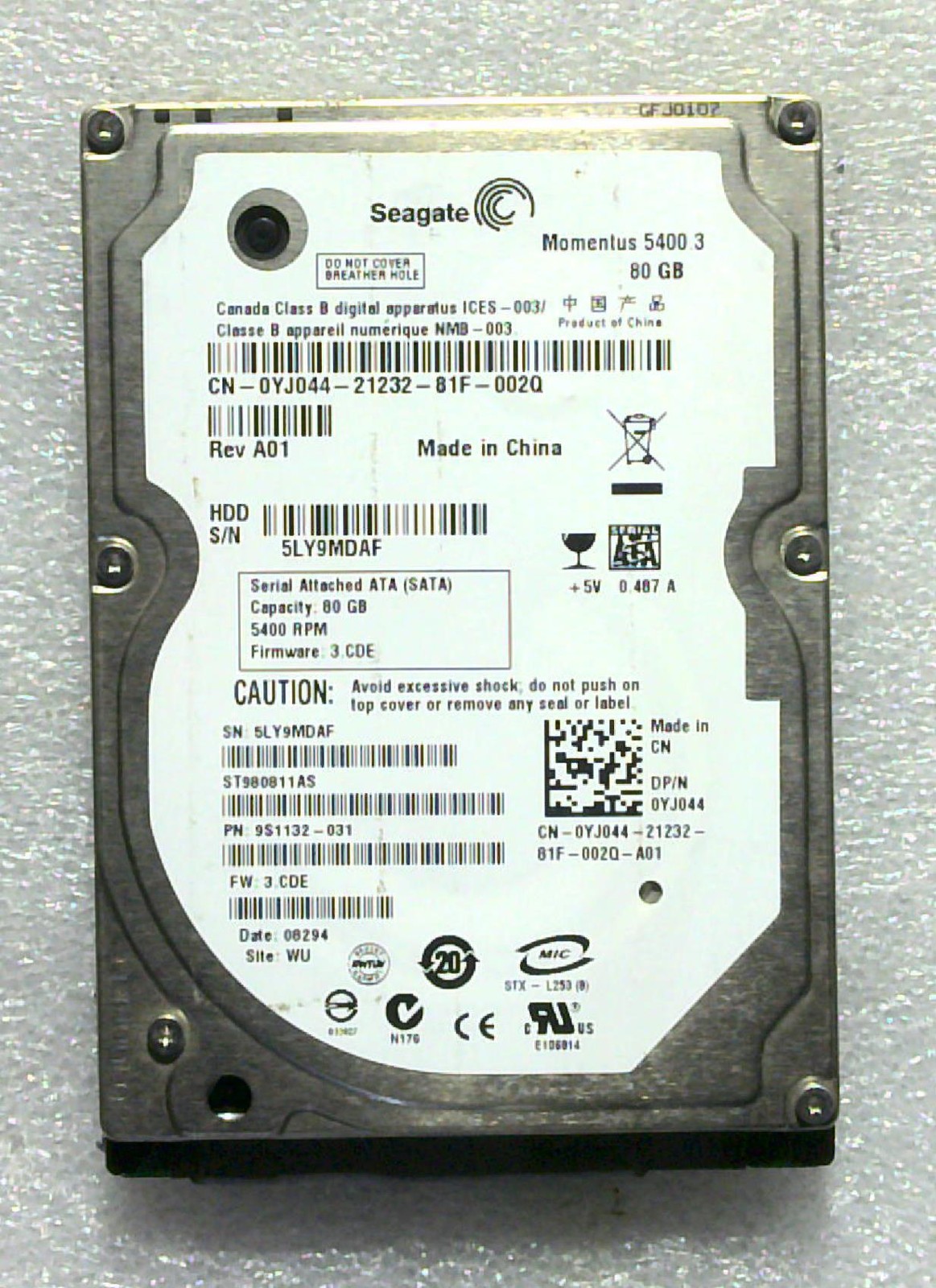 Seagate Barracuda - ST980811AS - 80GB - 9S1132-031 - SN: 5LY9MDAF