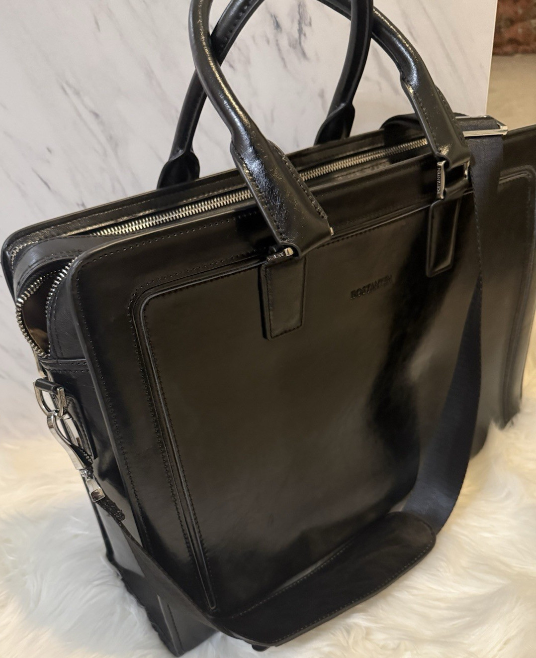 BOSTANTEN Black Leather Briefcase for 15" Laptop with Shoulder Strap & Pockets