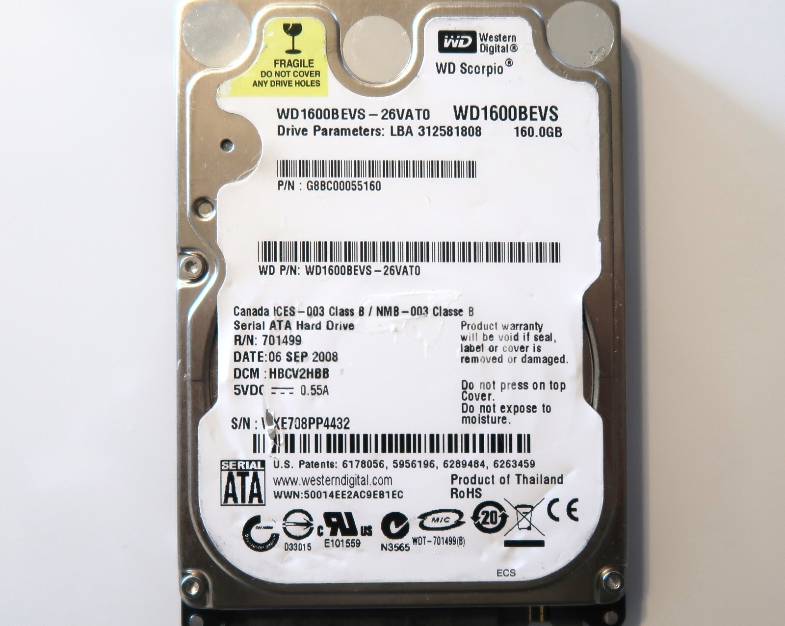 WD WD1600BEVS-26VAT0 HBCV2HBB (WXE7) Thailand 160gb 2.5" HDD 06SEP2008