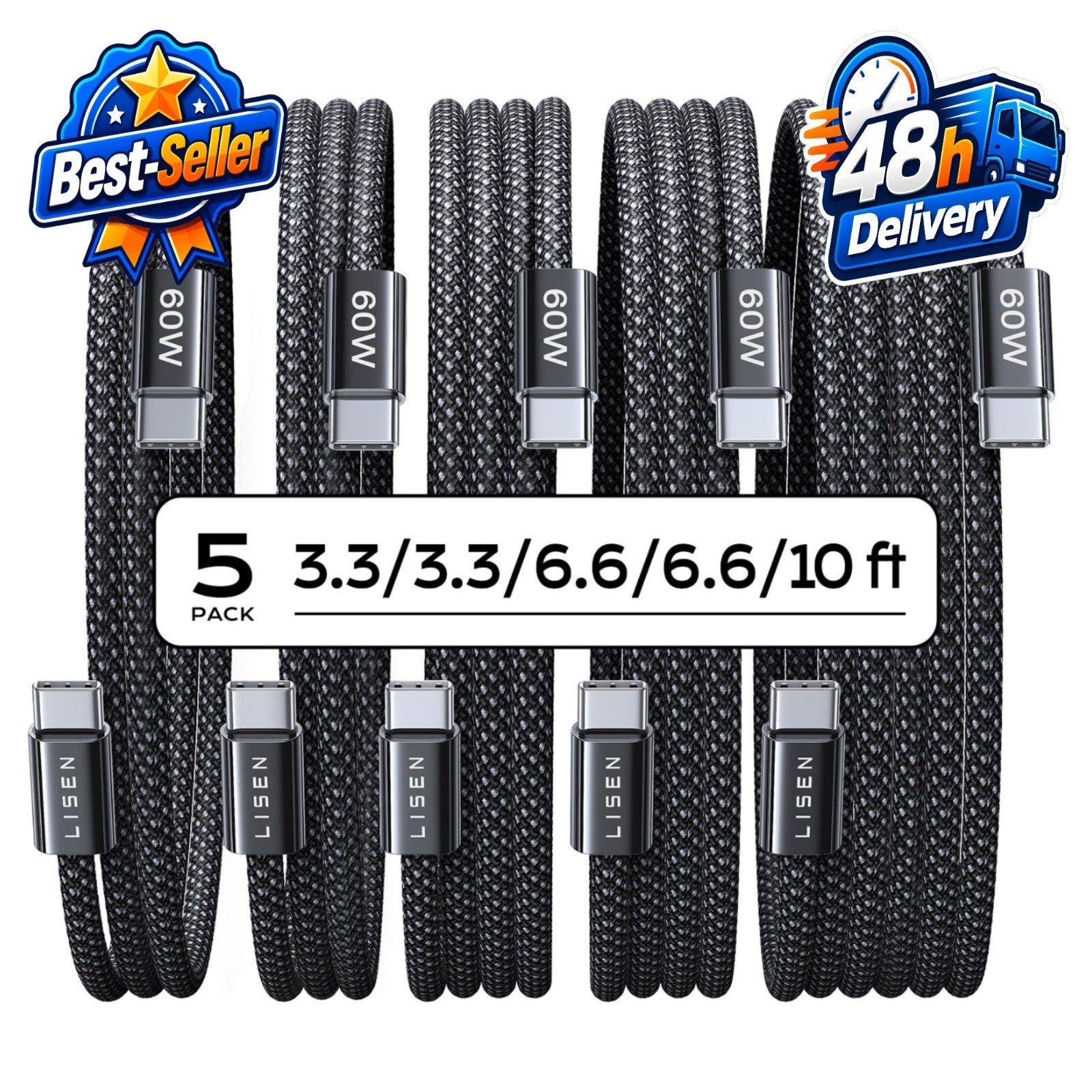 LISEN USB C to USB C Cable 5-Pack 60W Fast Charging 3.3/6.6/10FT