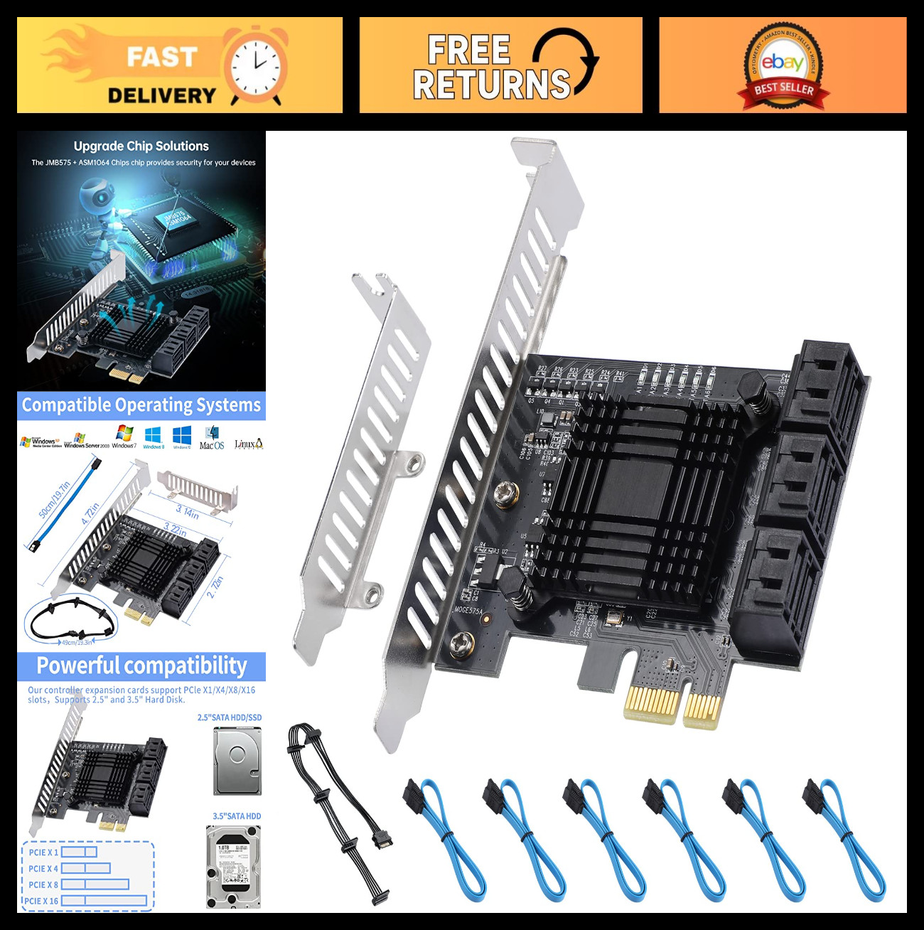 6-Port SATA III 6Gbps PCI-E X1 Expansion Card, SSD/HDD Compatible, Win/Mac/Linux