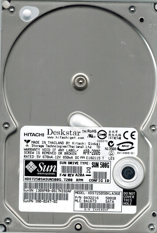Hitachi HDS725050KLA360 P/N: 0A32216 MLC: BA1673 500GB SUN