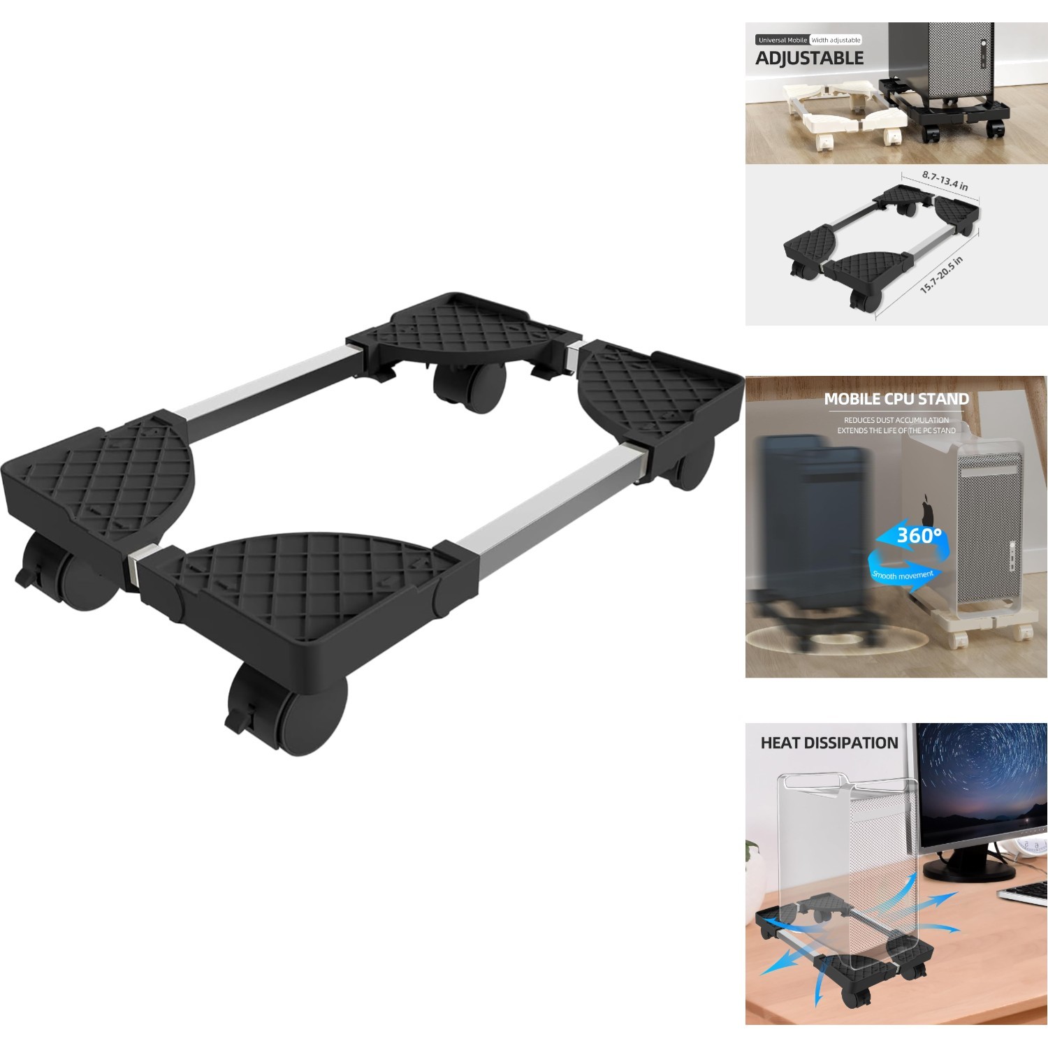 Adjustable Computer Tower Stand Rolling PC Mobile CPU Tote Holder Caster Wheels