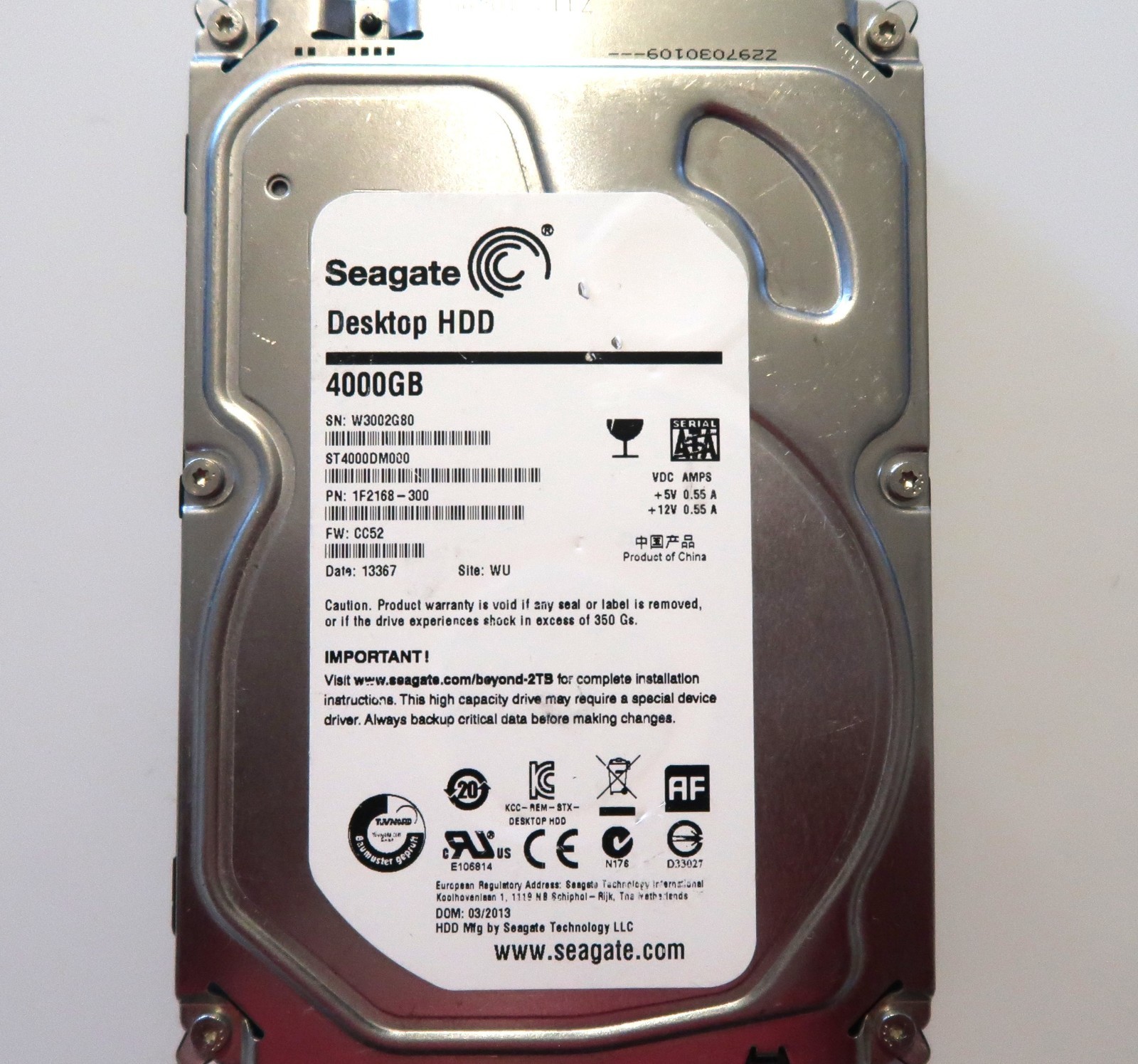 Seagate ST4000DM000 1F2168-300 CC52 (W300) WU China 4TB 3.5" Sata HDD 03/2013