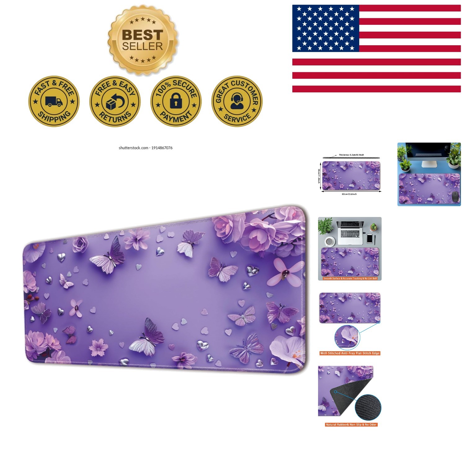 Elegant Purple Butterfly Desk Pad Protector - Large 23.6x11.8 Inch Non-Slip Mat
