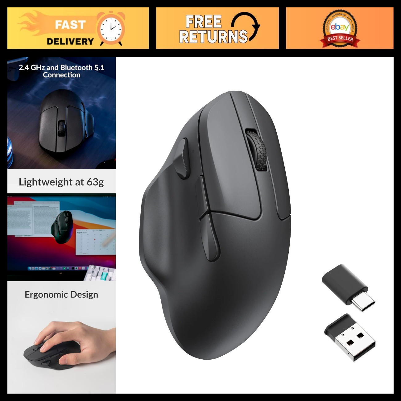 Wireless Gaming Mouse, 26K DPI, 2.4GHz/Bluetooth/Wired, Lightweight 63g, Black