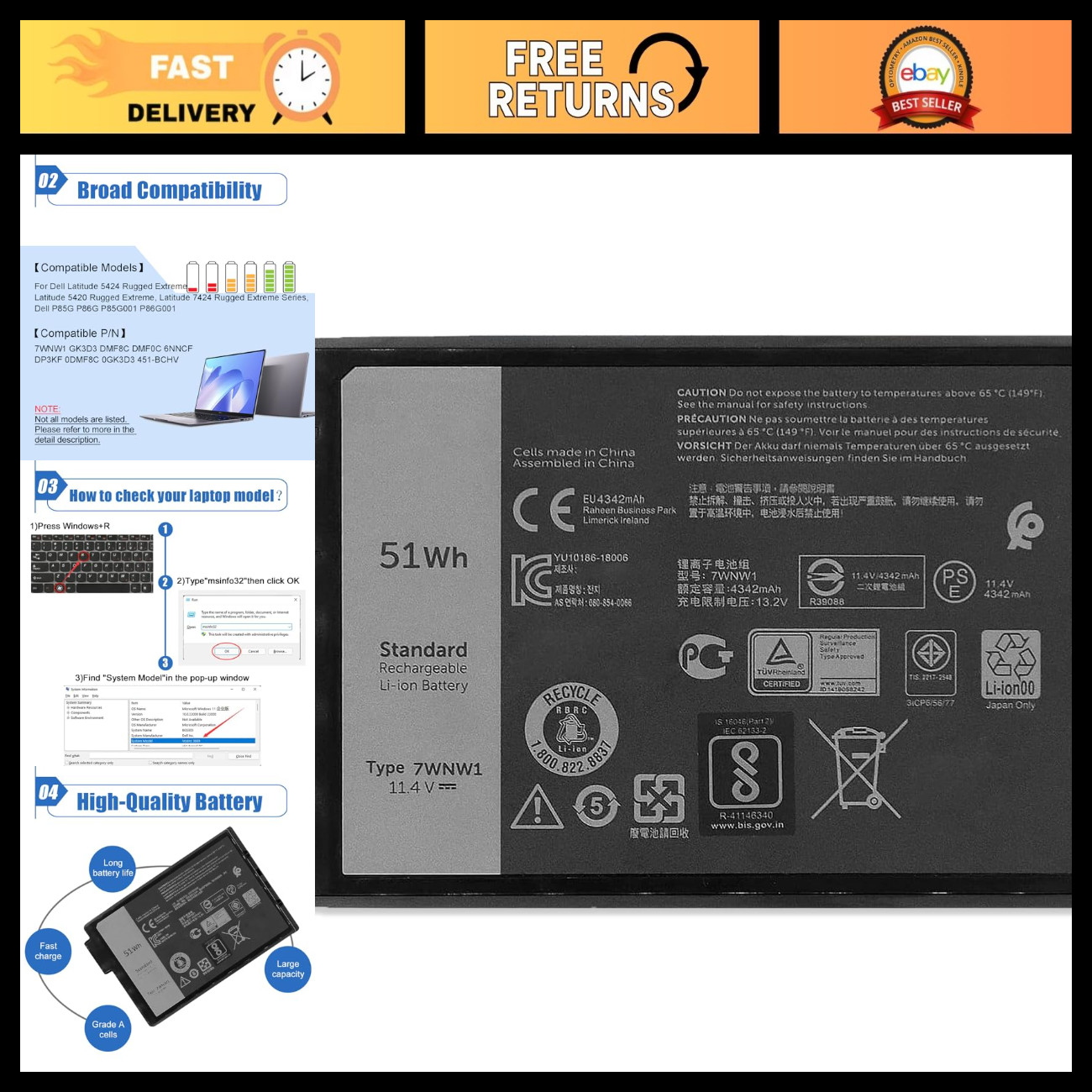 High-Capacity 51Wh Laptop Battery for Dell Latitude 5424 5420 Rugged Series 11.4
