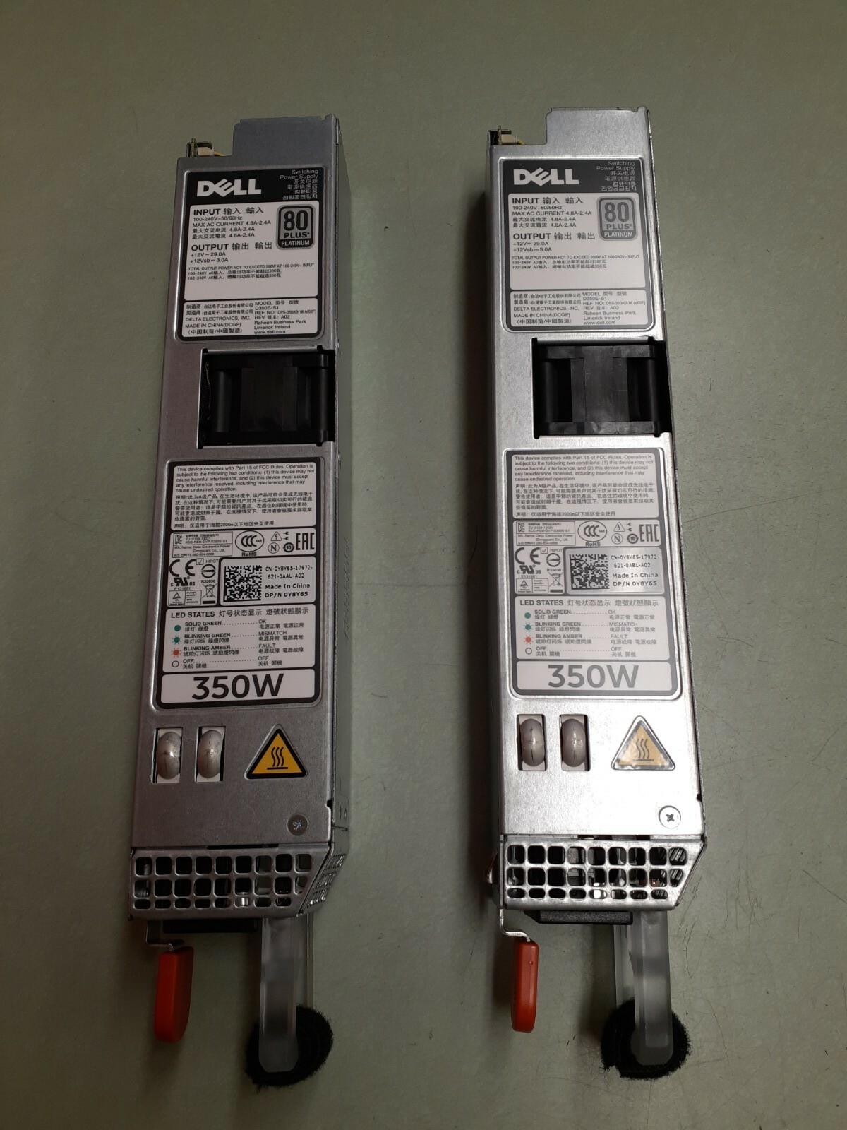 (2) DELL Y8Y65 Power Edge D350E-S1 80 Plus Platinum Switching Power Supply 350W