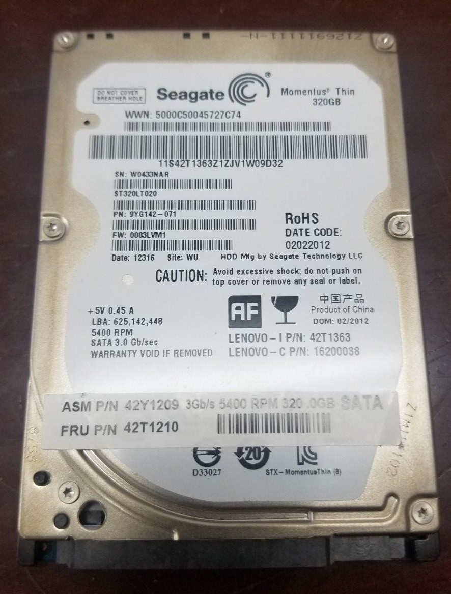 Lenovo 42T1210 Seagate Momentus Thin ST320LT020 320GB 2.5 SATA Laptop Hard Drive