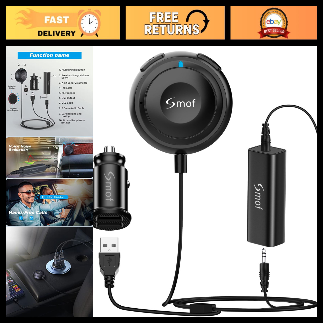 Bluetooth 5.2 Aux Adapter for Car, Wireless Audio Receiver, Hands-Free Calls