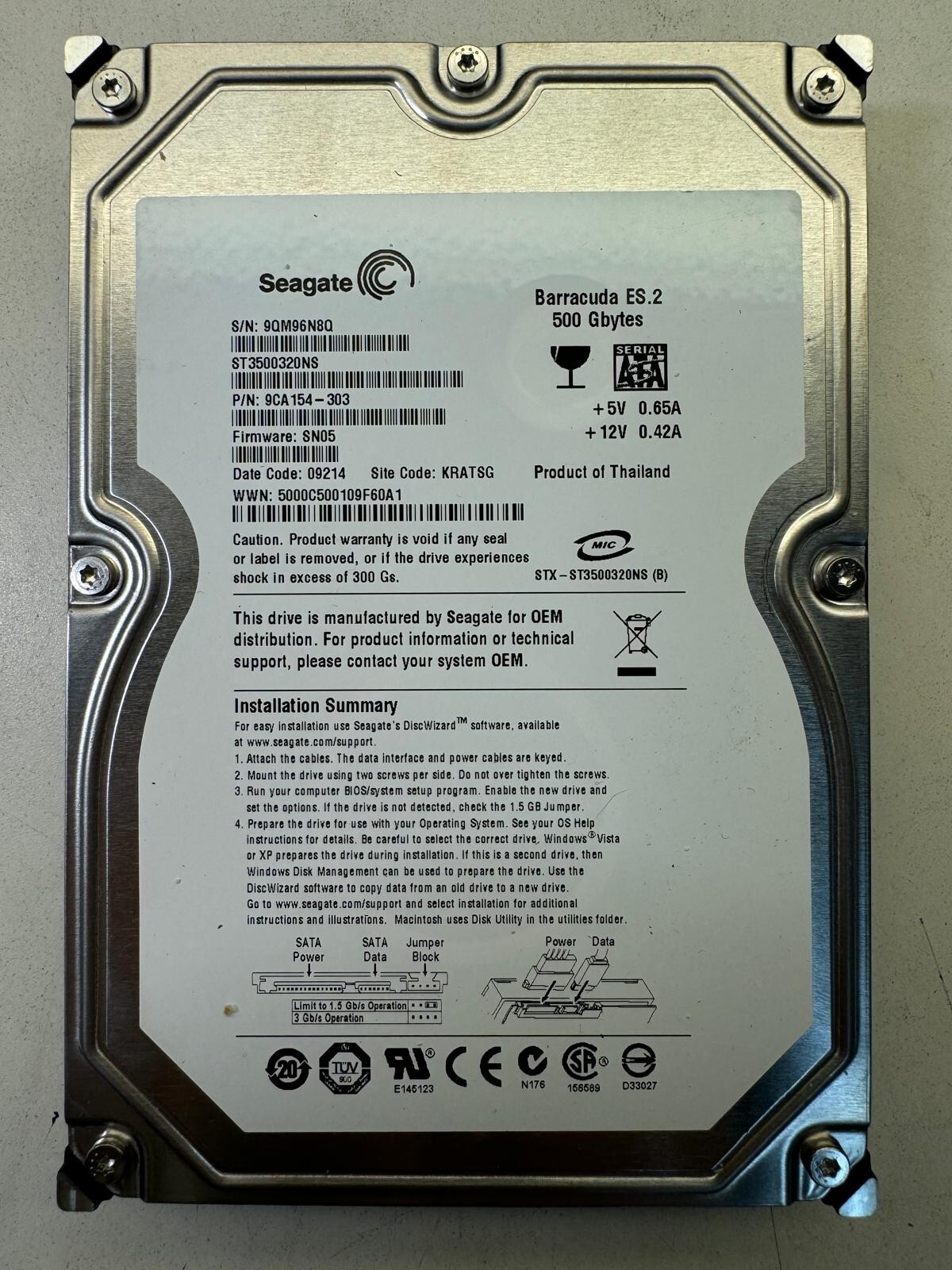 SEAGATE ST3500320NS 9CA154-303 500GB Firmware SN05 Date Code 09214 SATA 3.5" HDD