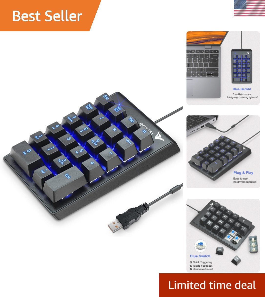 Mechanical Numeric Keypad, 22-Key USB Numpad for Laptop with LED Backlight
