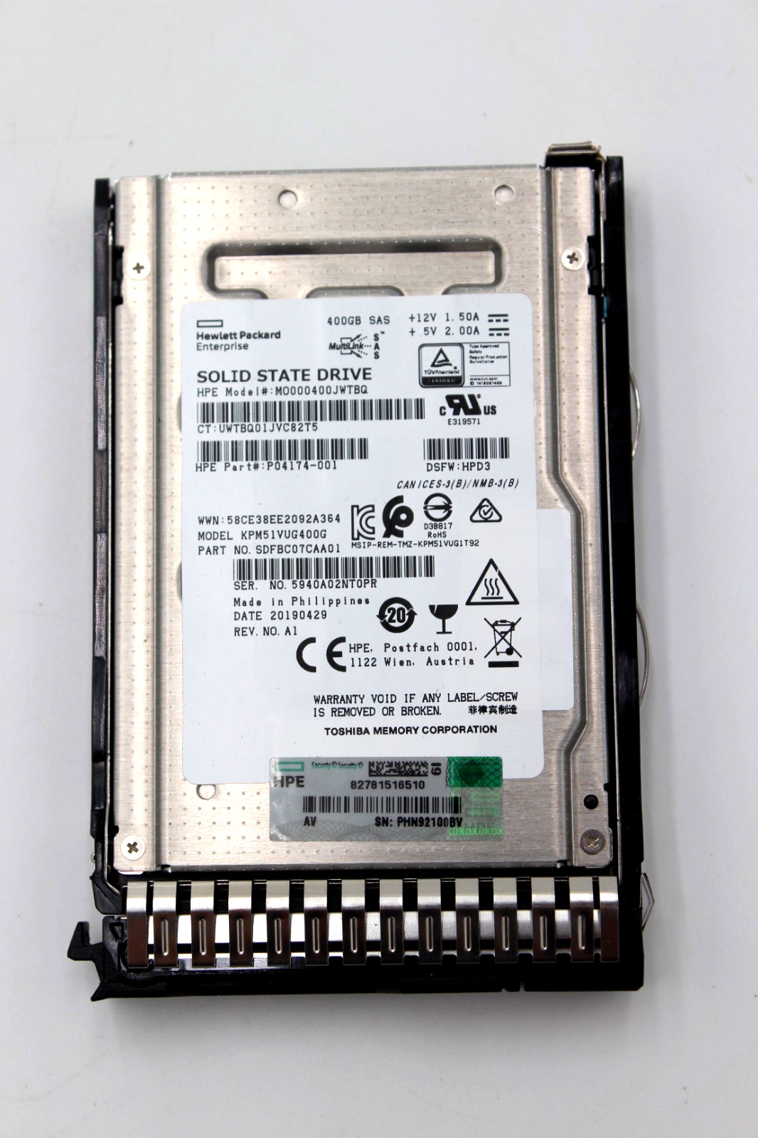 HPE 400GB SAS 12Gb/s SSD MO000400JWTBQ KPM1VUG400G P04174-001 P06576 w/ Caddy ✅