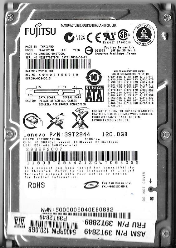 Fujitsu MHW2120BH 120GB Sata Hard Drive P/N: CA06820-B487000L F/W: 00840015