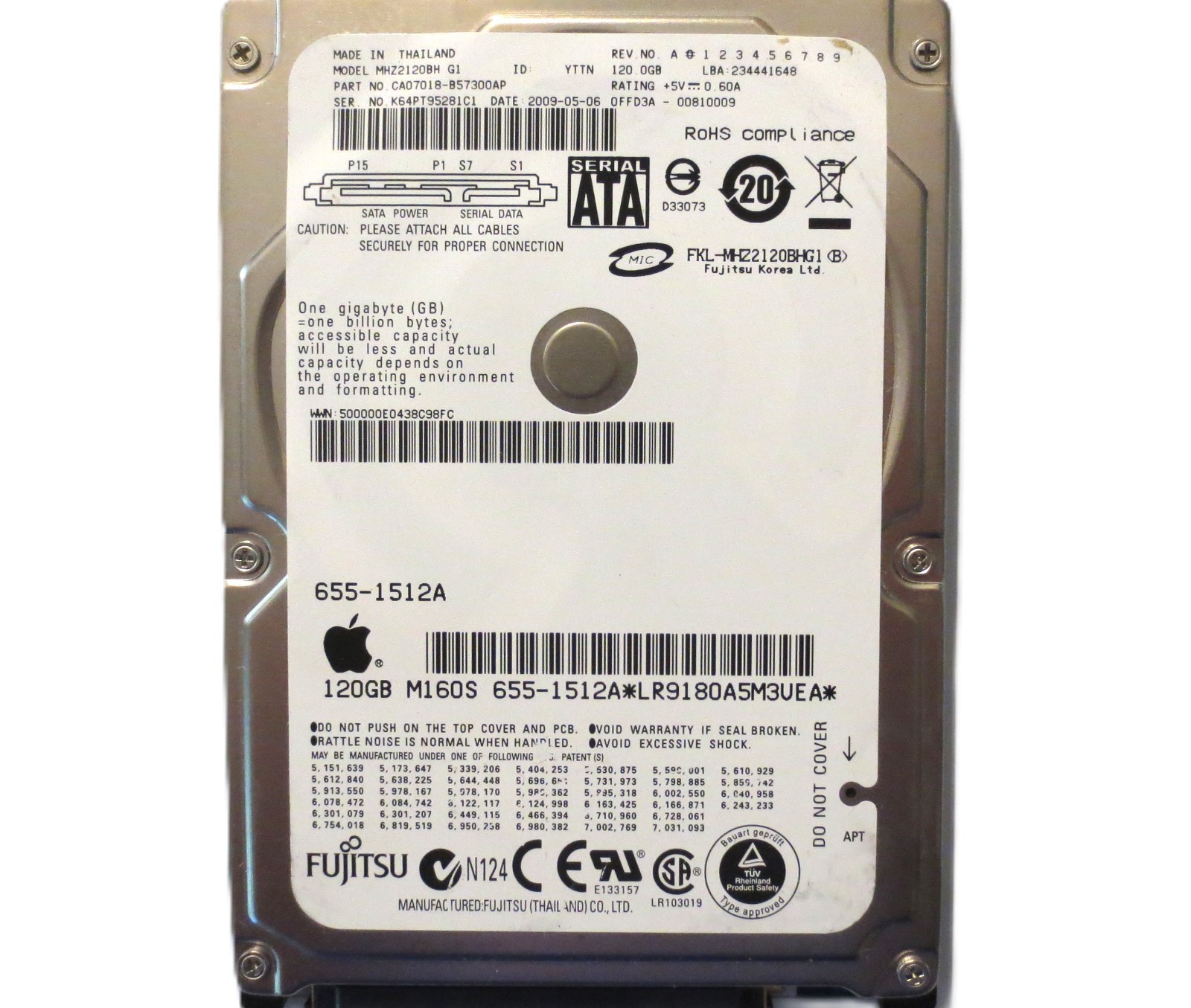 MHZ2120BH G1 CA07018-B57300AP 0FFD3A-00810009 (K64) Thailand 120gb Sata 2009-05