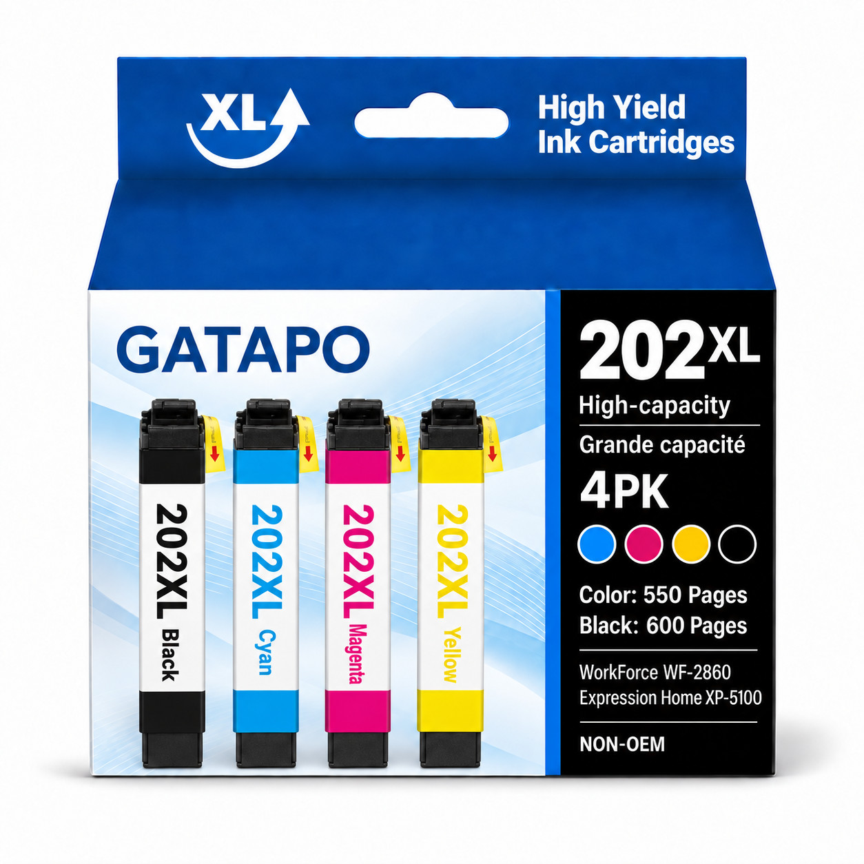 202XL 4PK (Y/M/C/B)Ink Replacement for 202XL XP-5100 WF-2860 Printers