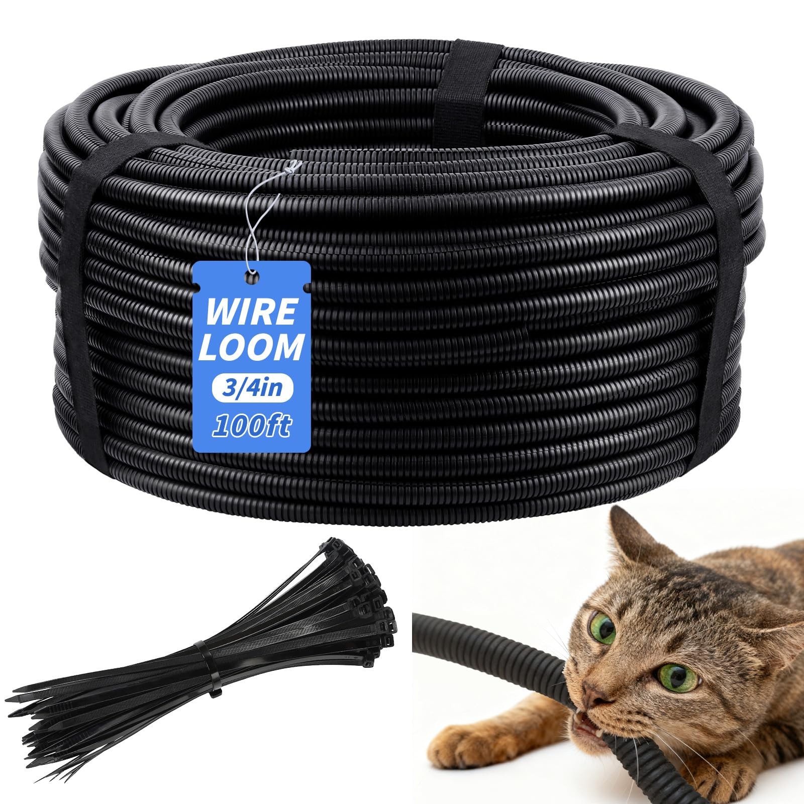 Split Wire Loom Tubing Sleeve Cable Management 3/4 Inch OD 100 Ft 20 Ties
